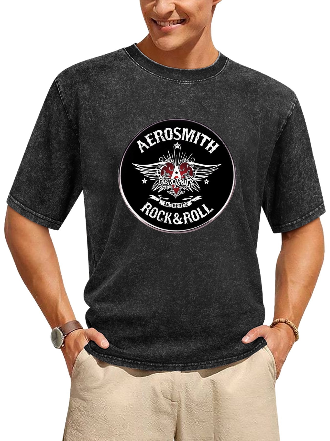 Vintage Washed Aerosmith Rock & Roll Emblem Graphic T-Shirt Secondary image