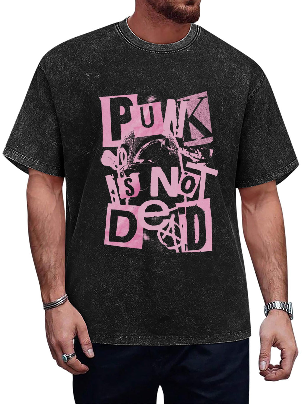 Vintage Washed Punk Is Not Dead Collage Graphic T-Shirt
