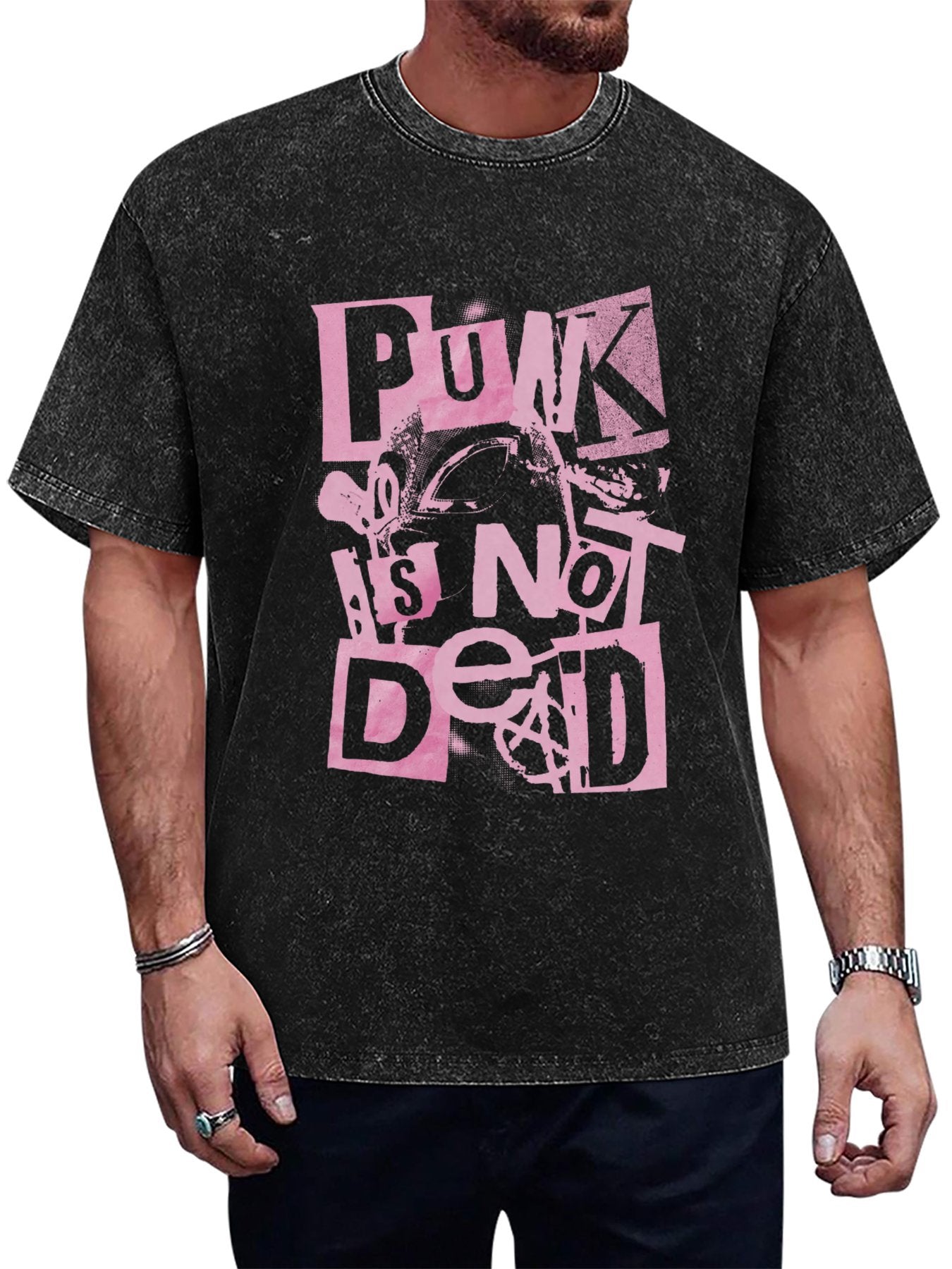 Vintage Washed Punk Is Not Dead Collage Graphic T-Shirt