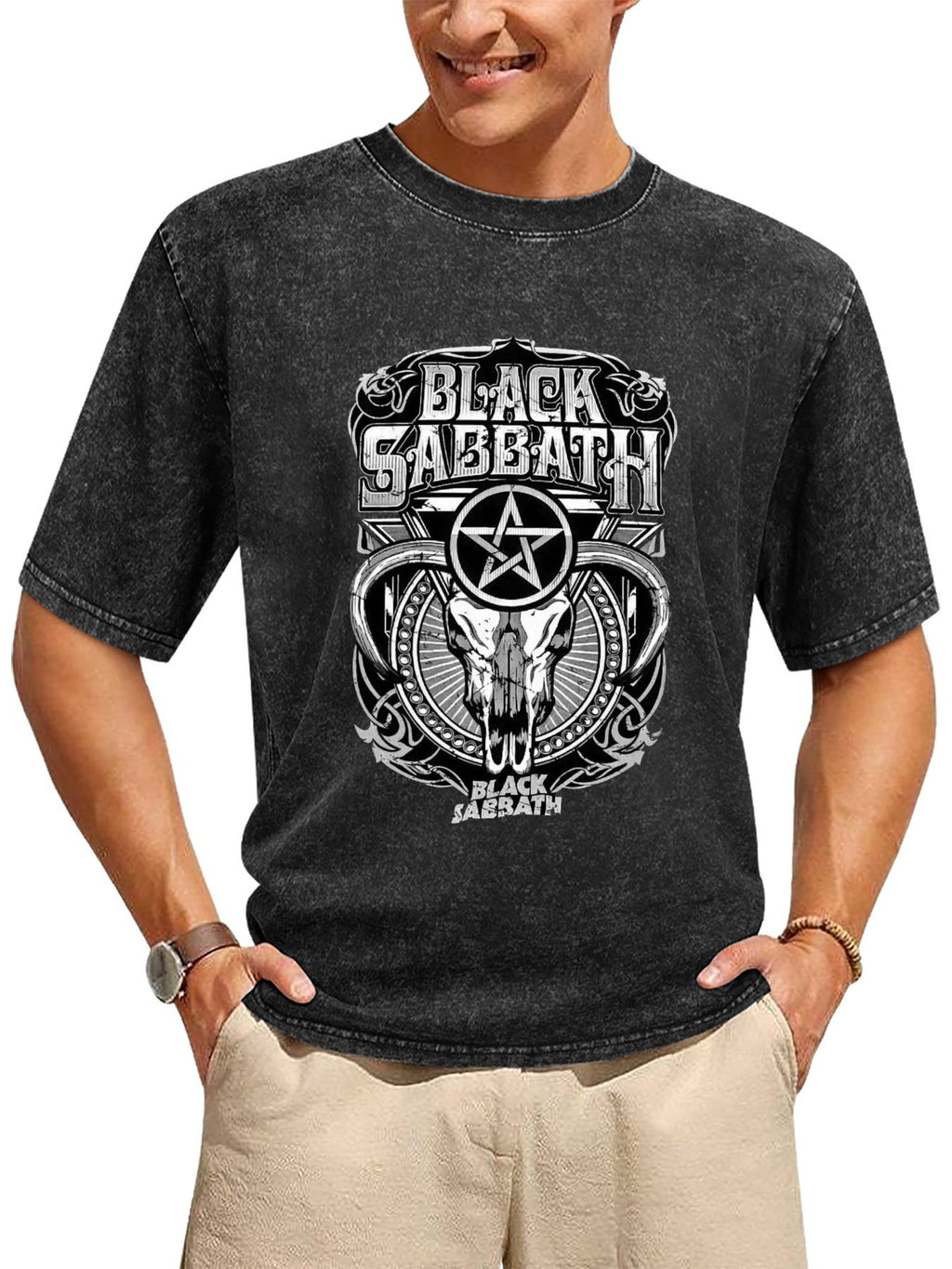 Vintage Washed Black Sabbath Pentagram Skull Graphic T-Shirt