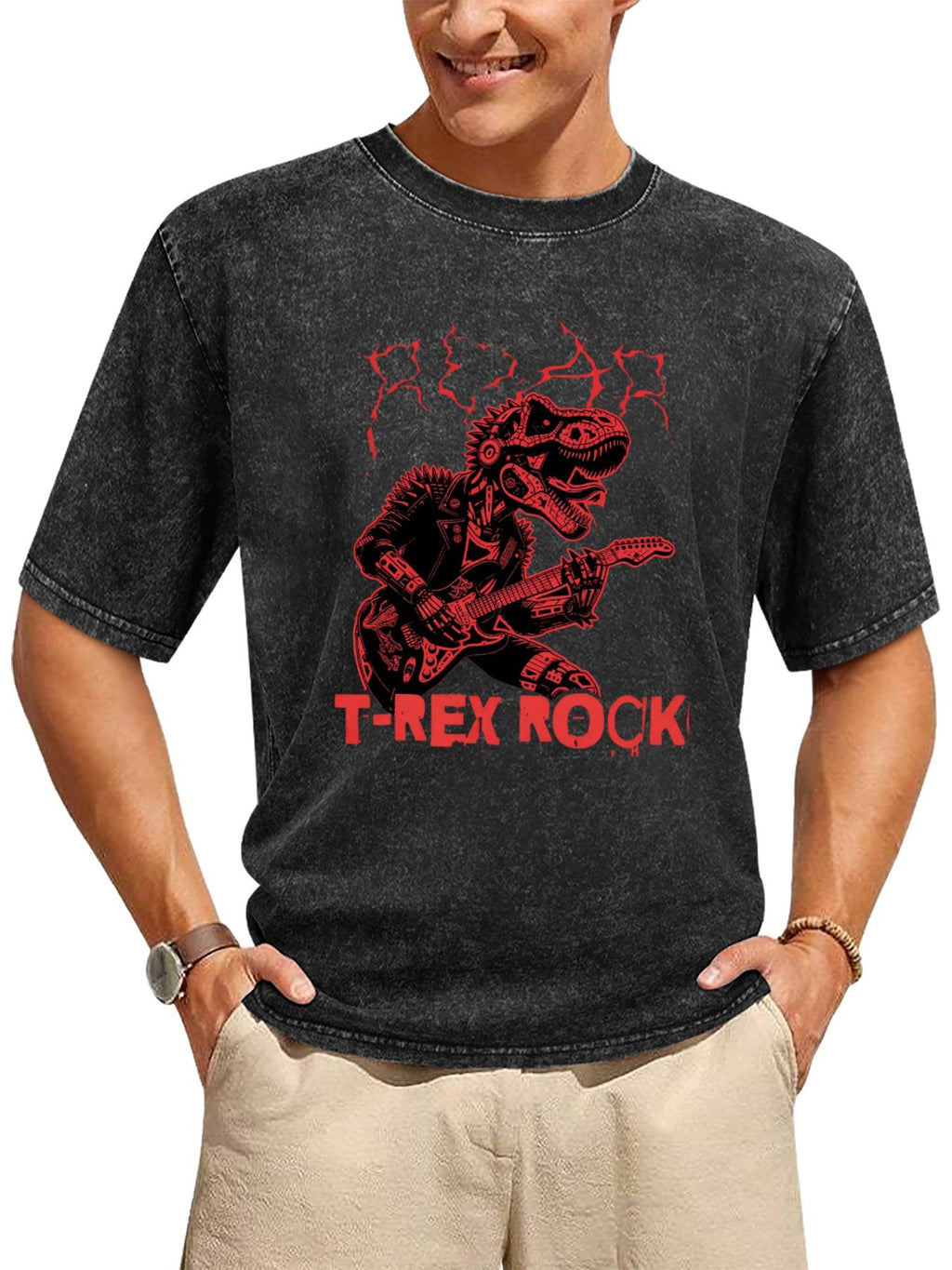 Vintage Washed T-Rex Rock Guitar Graphic T-Shirt