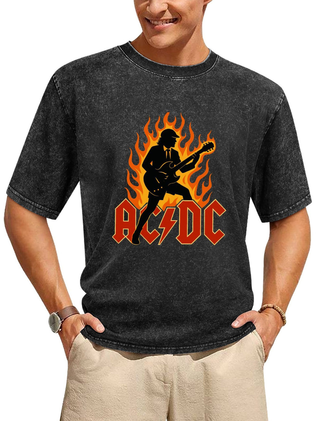 Vintage Washed AC/DC Flaming Guitarist Graphic T-Shirt