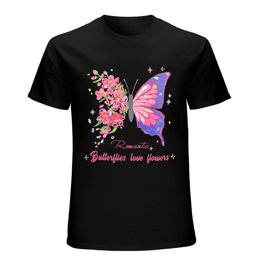 Romantic Butterfly and Flowers Graphic Black T-Shirt