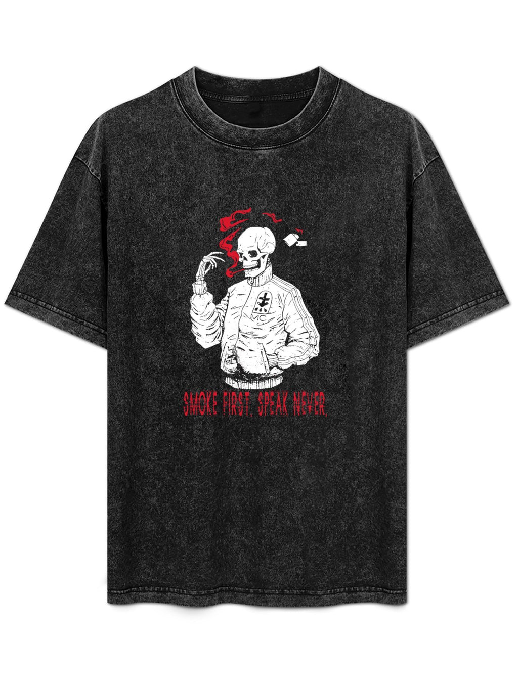Smoke First Speak Never Skull Graphic Washed T-Shirt