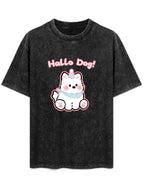 Hello Dog Cartoon Vintage Washed T-Shirt