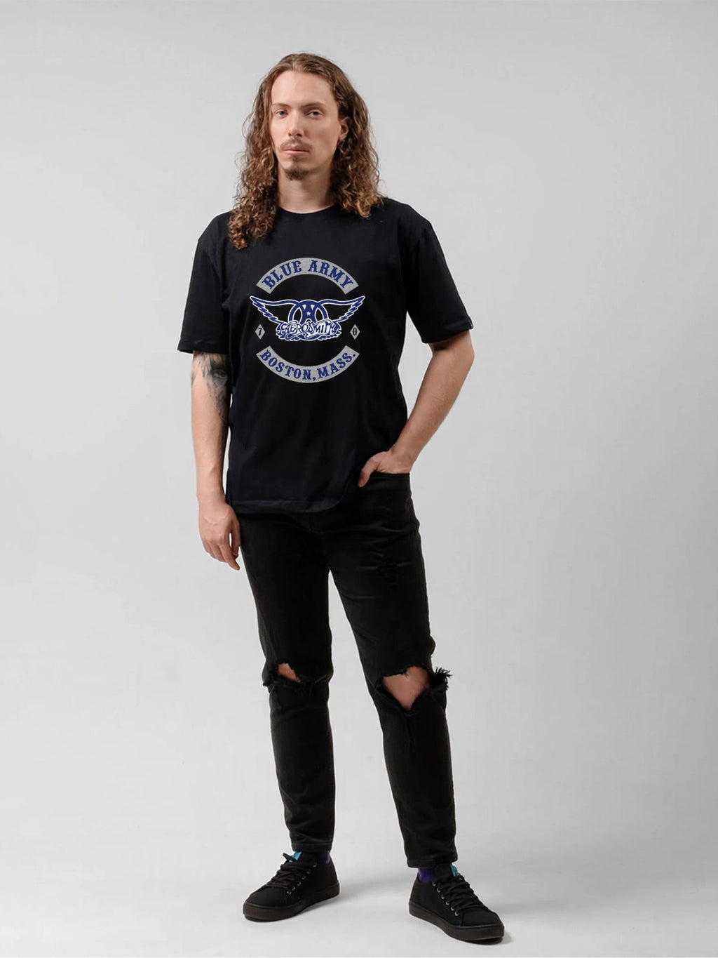 Aerosmith Blue Army Boston Badge Vintage T-Shirt