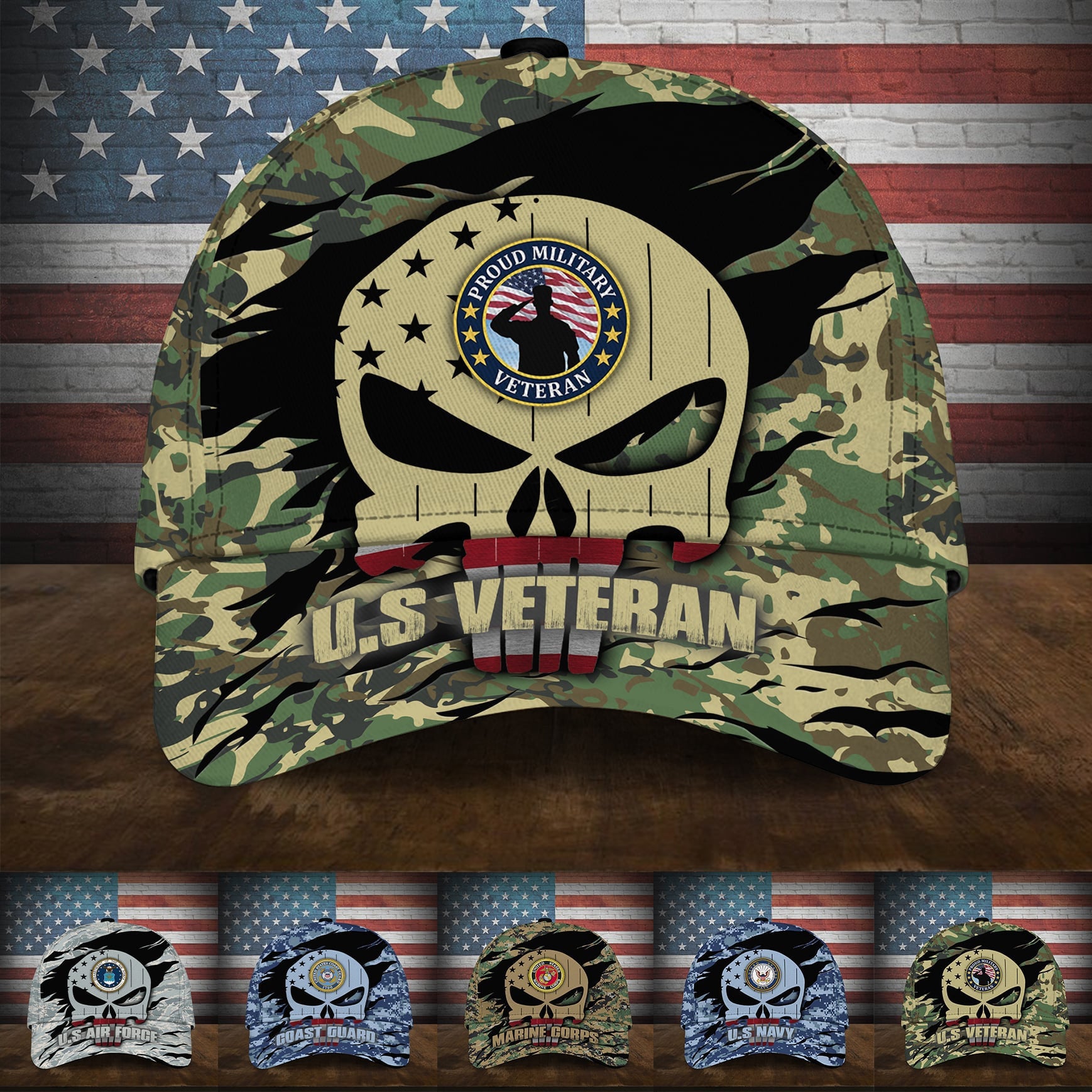 Colorful Puniskull Multiservice U.S Veteran Cap