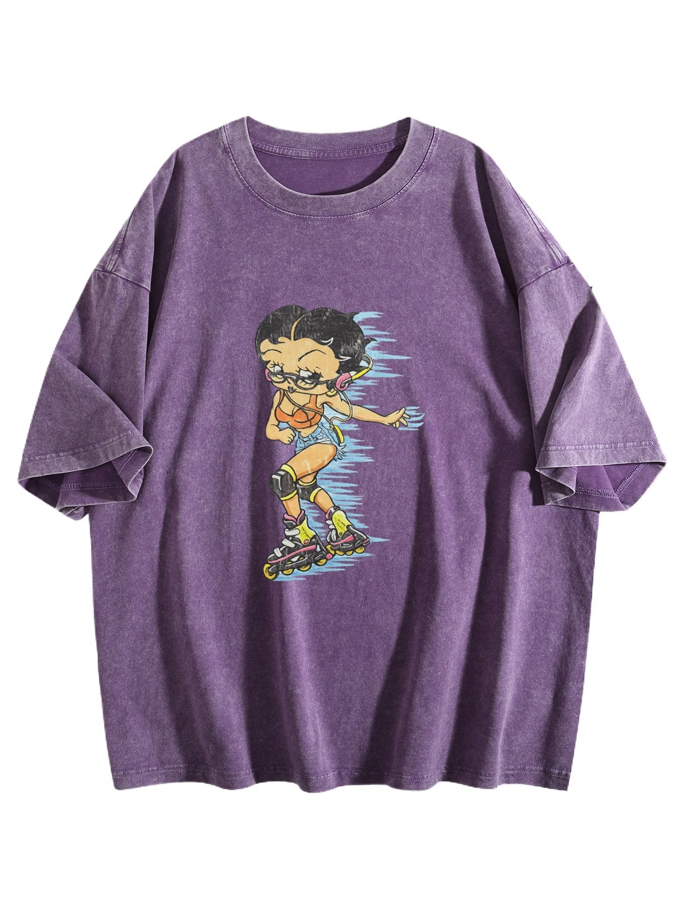 Cartoon Roller Skater Graphic Washed T-Shirt