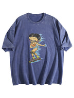 Cartoon Roller Skater Graphic Washed T-Shirt