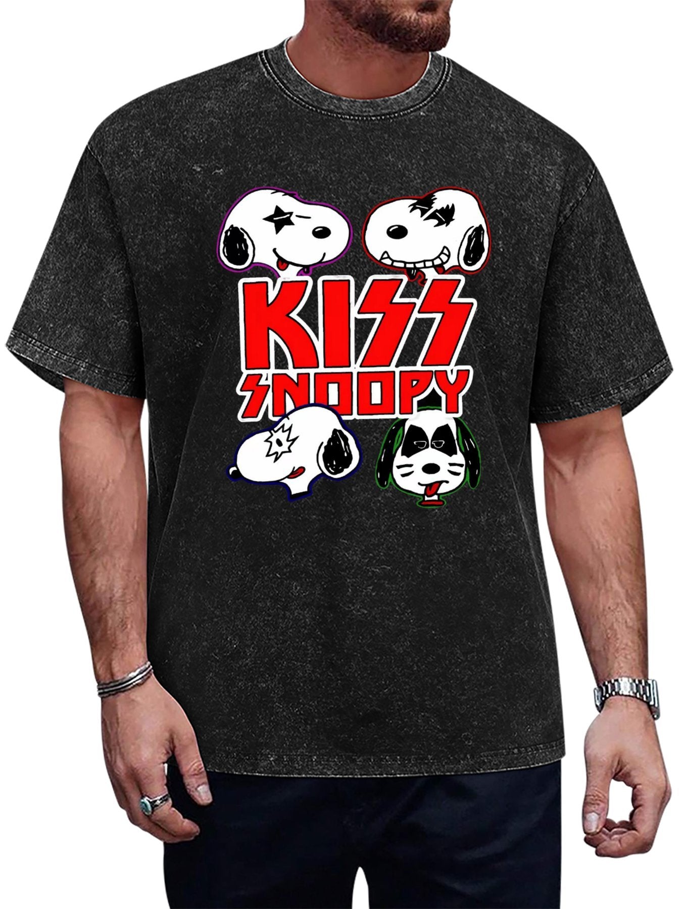Vintage Washed KISS Snoopy Cartoon Graphic T-Shirt