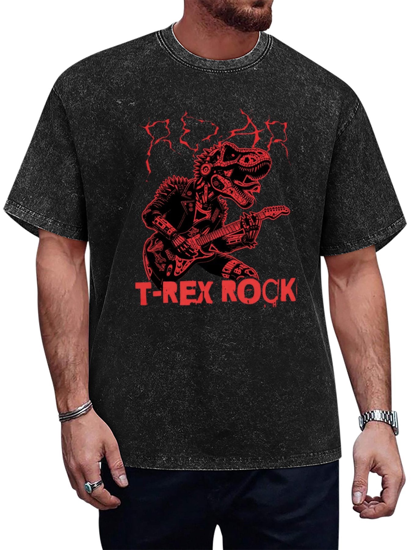 Vintage Washed T-Rex Rock Guitar Graphic T-Shirt Main image
