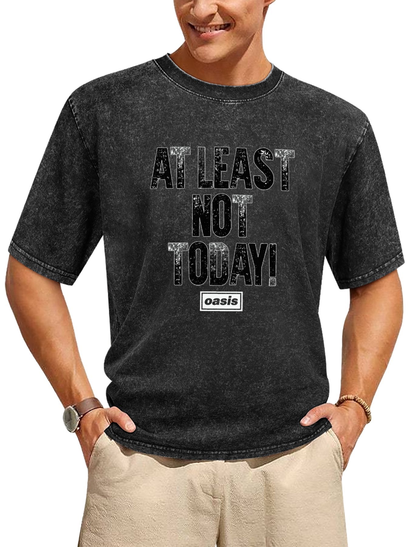 Oasis At Least Not Today Distressed Text Graphic T-Shirt