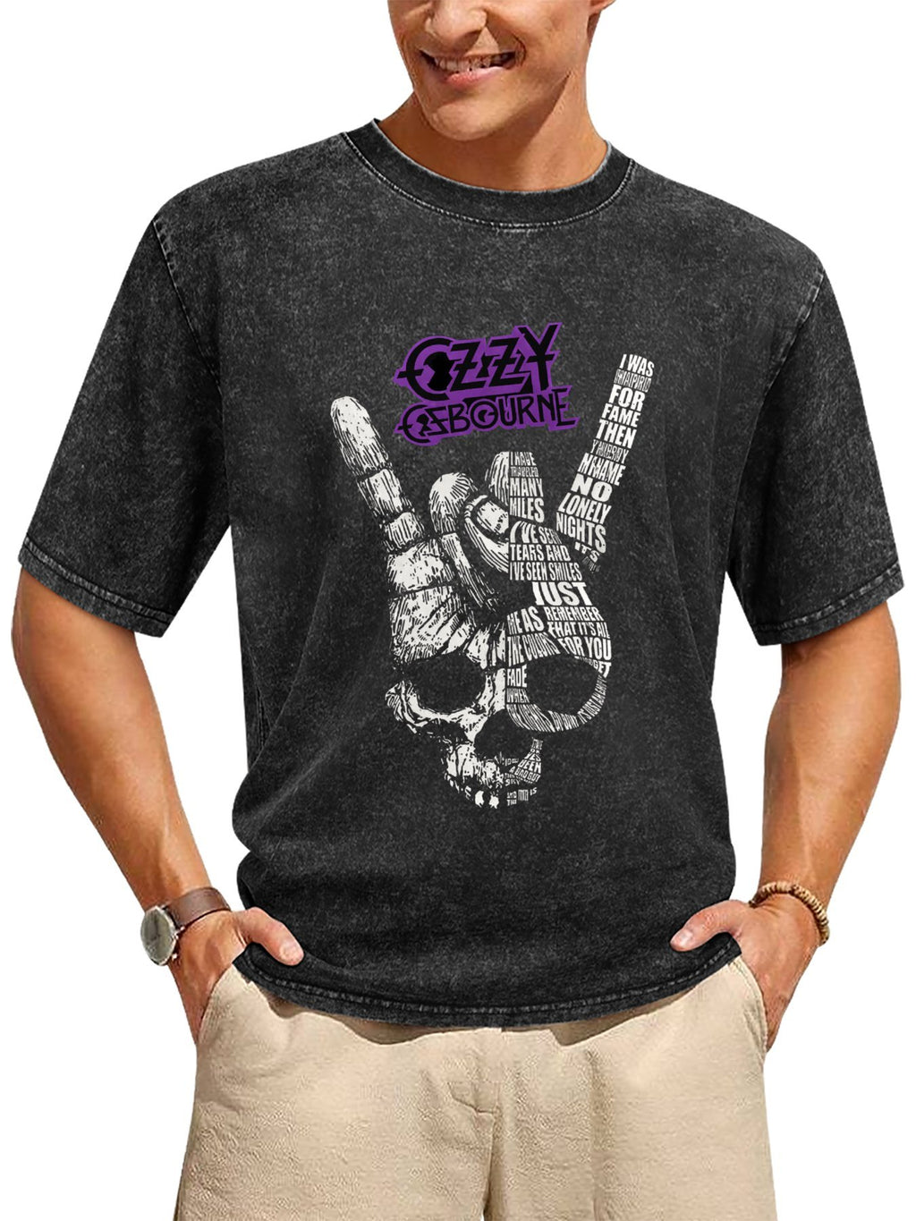 Vintage Washed Ozzy Osbourne Typography Rock Hand Graphic T-Shirt