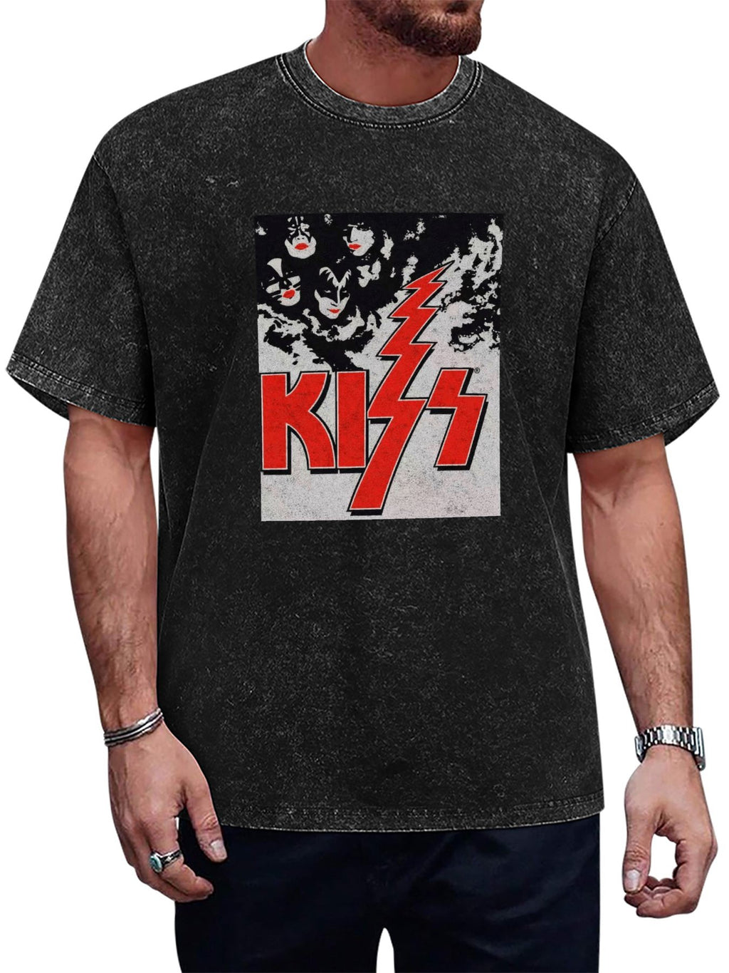 Vintage Washed KISS Classic Logo & Band Faces Graphic T-Shirt