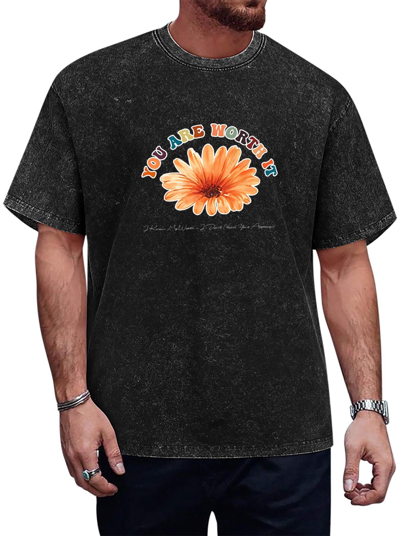 You Are Worth It Flower Graphic Washed T-Shirt Secondary image