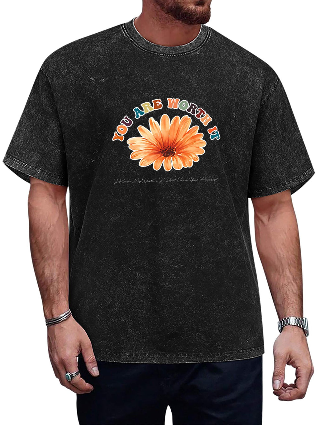 You Are Worth It Flower Graphic Washed T-Shirt