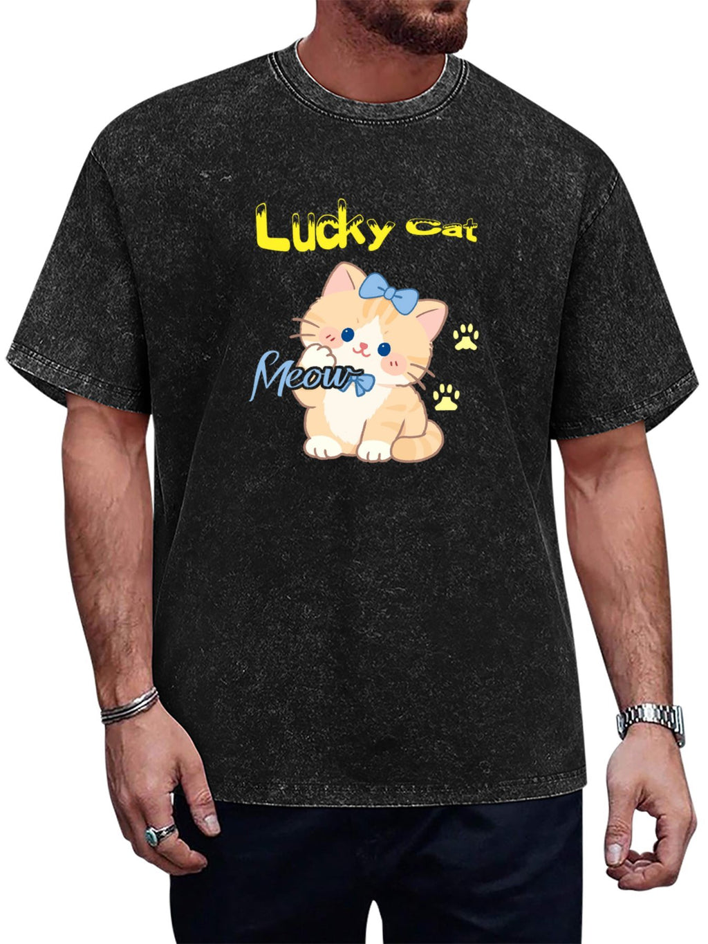 Lucky Cat Cartoon Vintage Washed T-Shirt