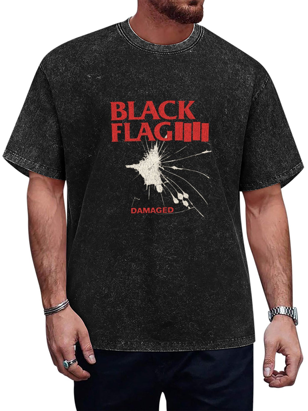 Black Flag Damaged Graphic Washed T-Shirt
