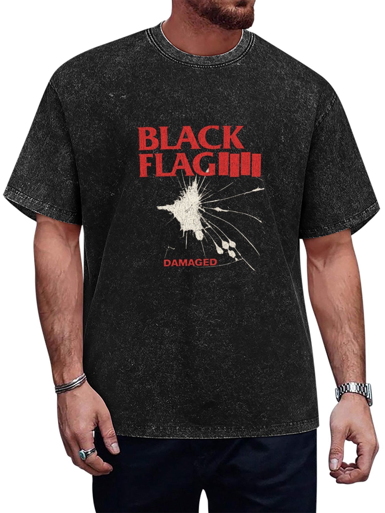 Black Flag Damaged Graphic Washed T-Shirt