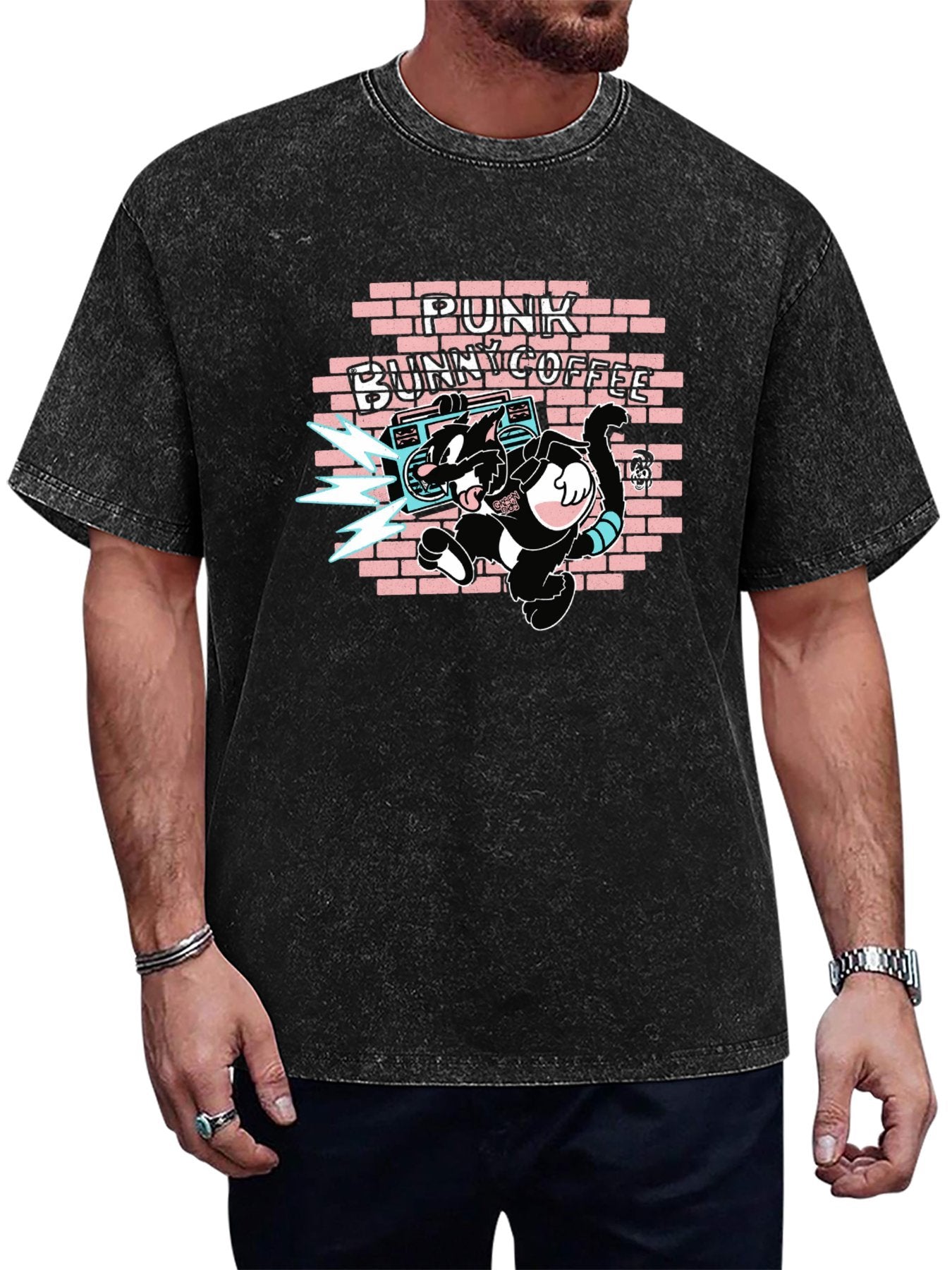 Punk Bunny Coffee Boombox Cartoon Graphic T-Shirt Main image