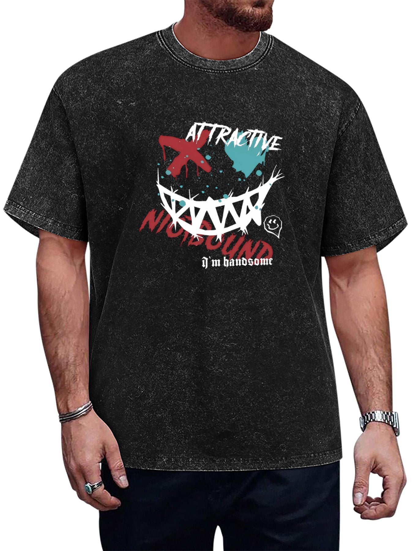 Attractive Mysterious Smile Graphic Washed T-Shirt