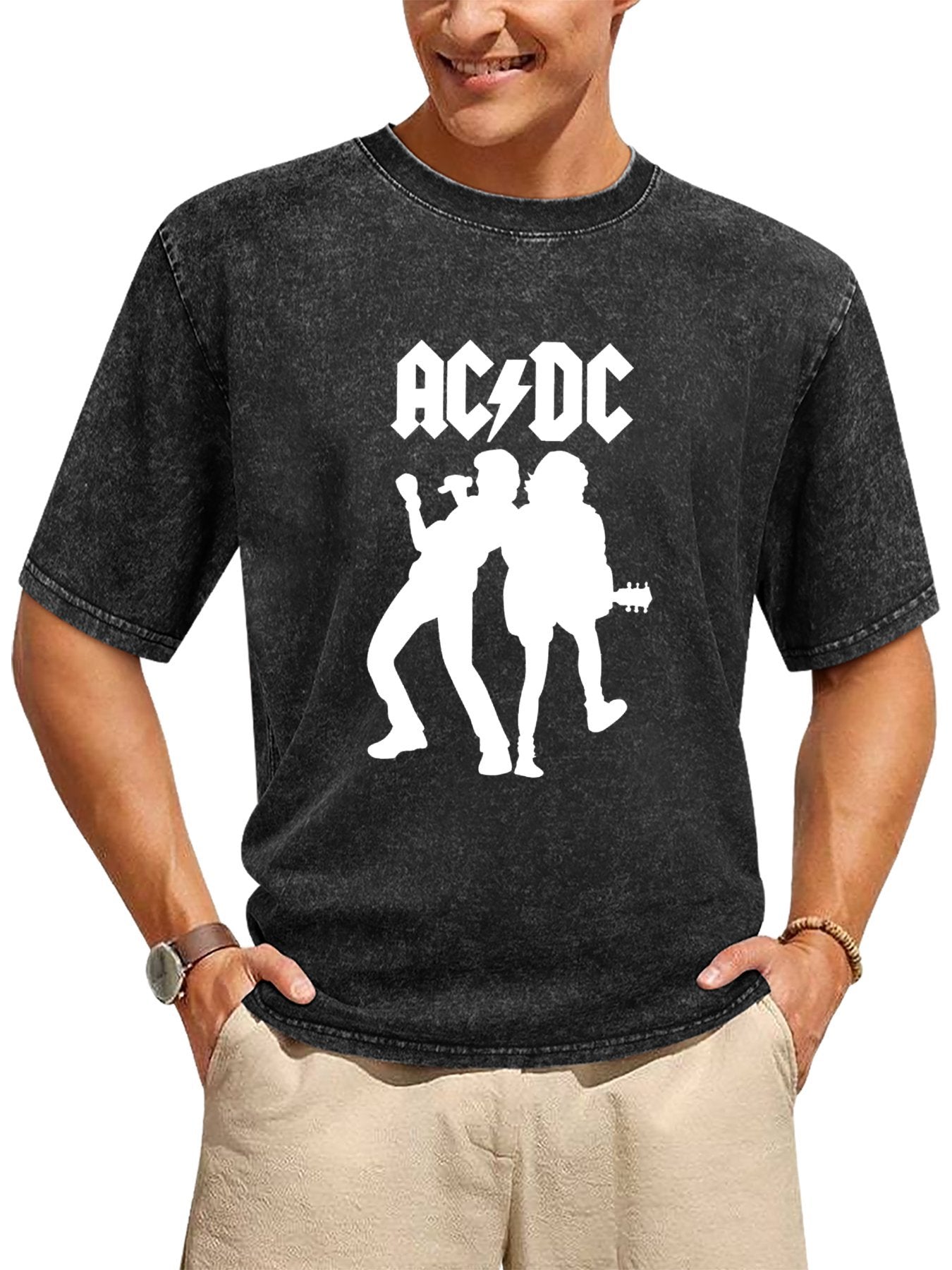Vintage Washed AC/DC Rock Performance Graphic T-Shirt