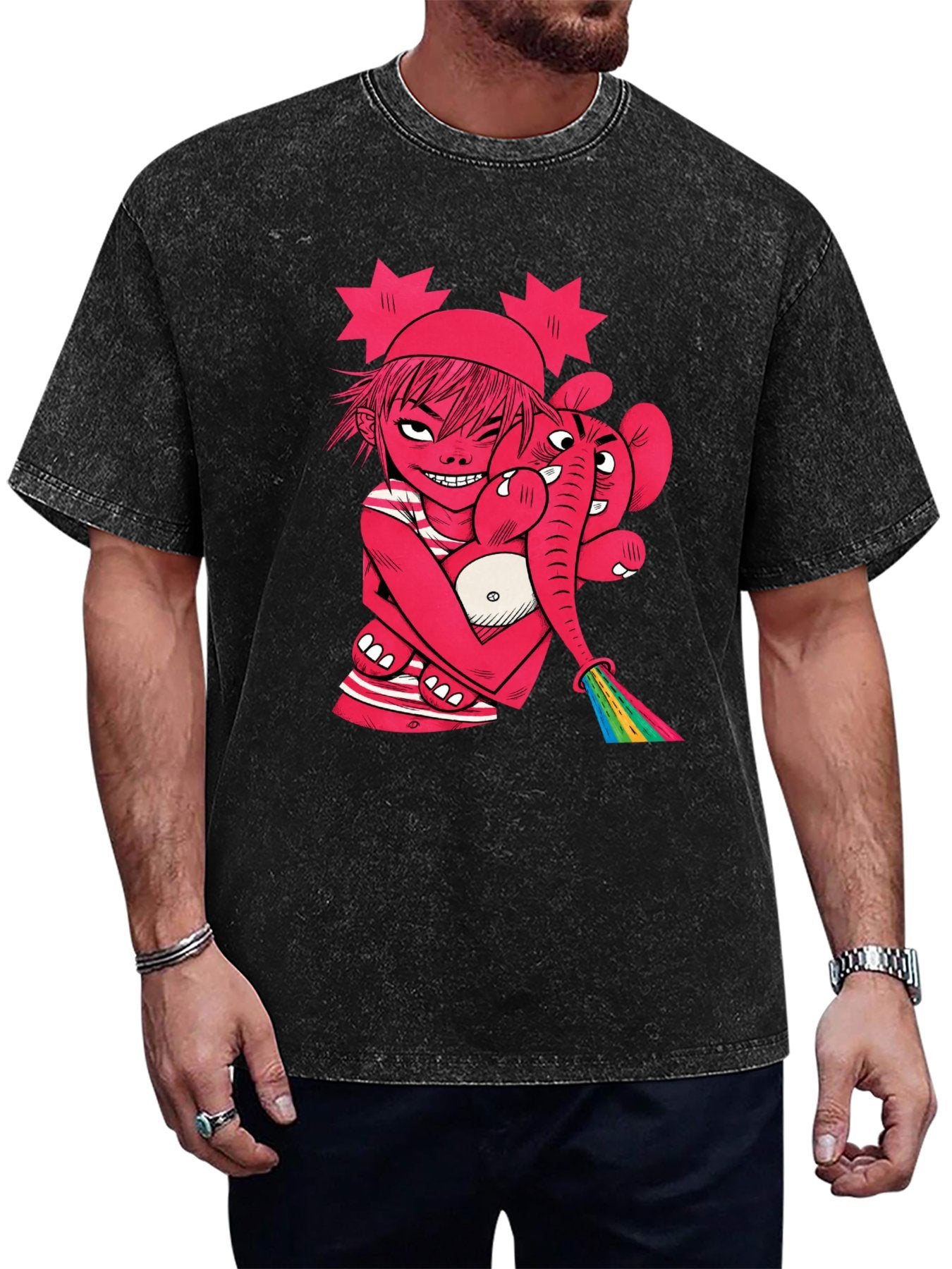 Gorillaz Pink Character and Elephant Graphic T-Shirt Main image