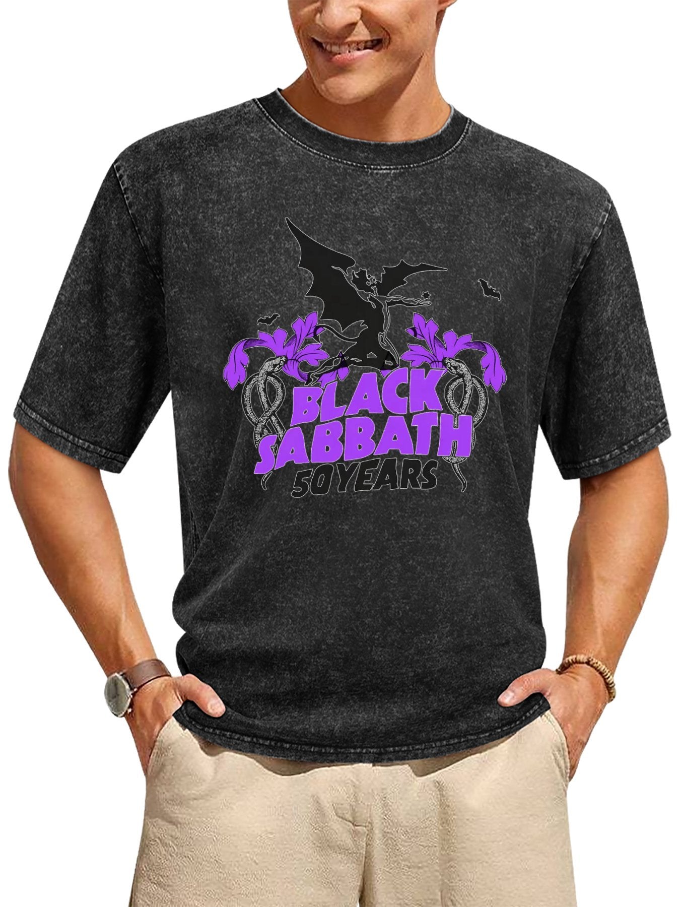 Vintage Washed Black Sabbath 50 Years Purple Graphic T-Shirt