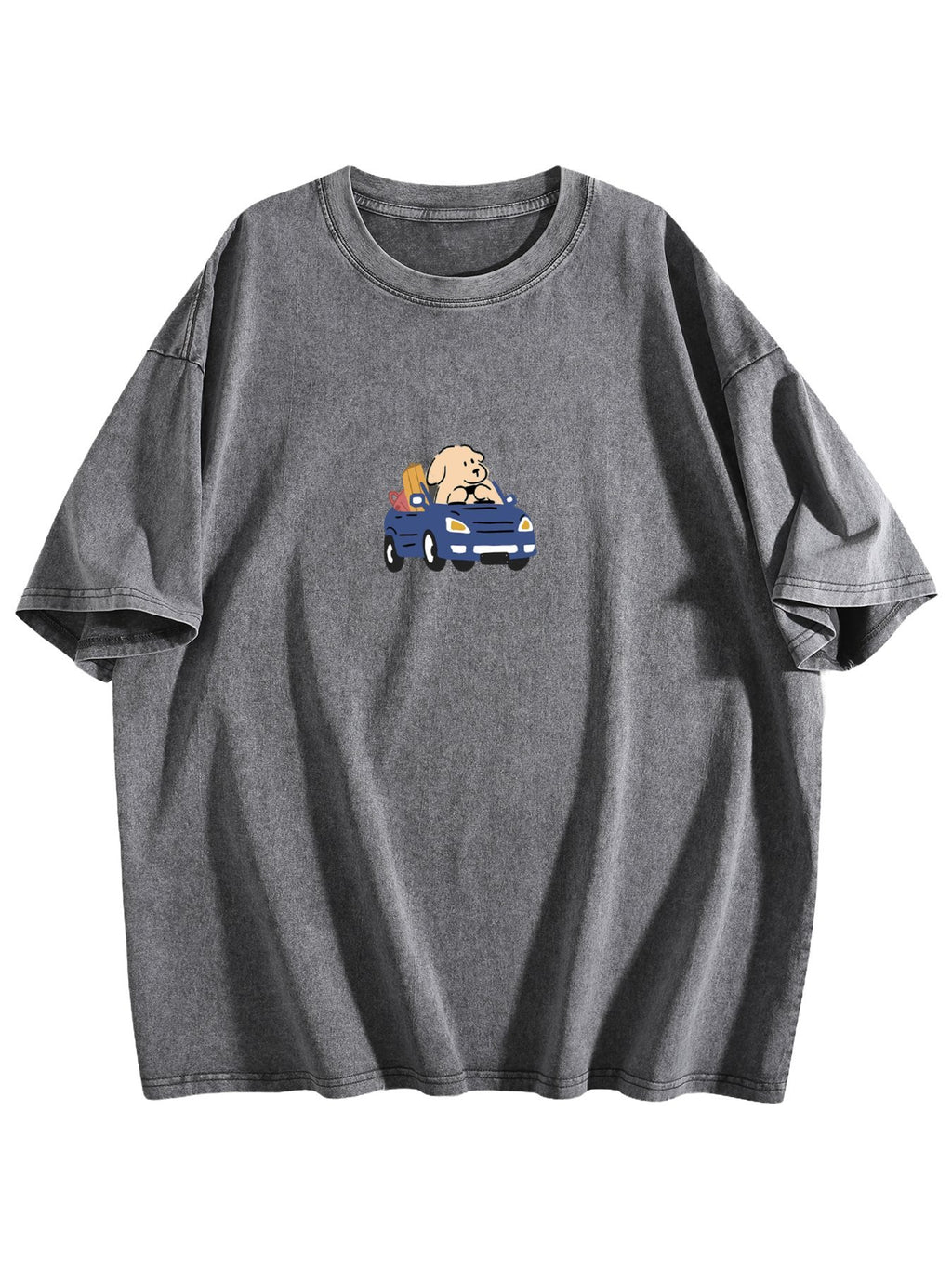 Cartoon Dog Driving Graphic Washed T-Shirt