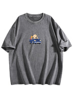 Cartoon Dog Driving Graphic Washed T-Shirt