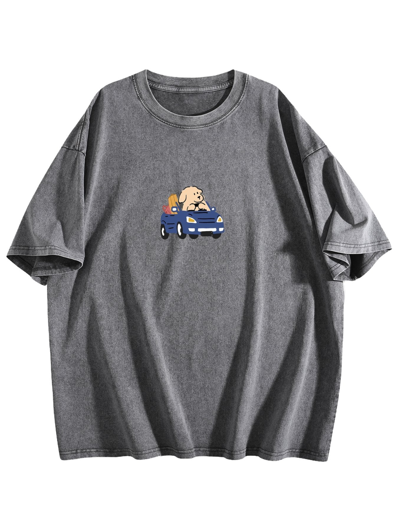 Cartoon Dog Driving Graphic Washed T-Shirt