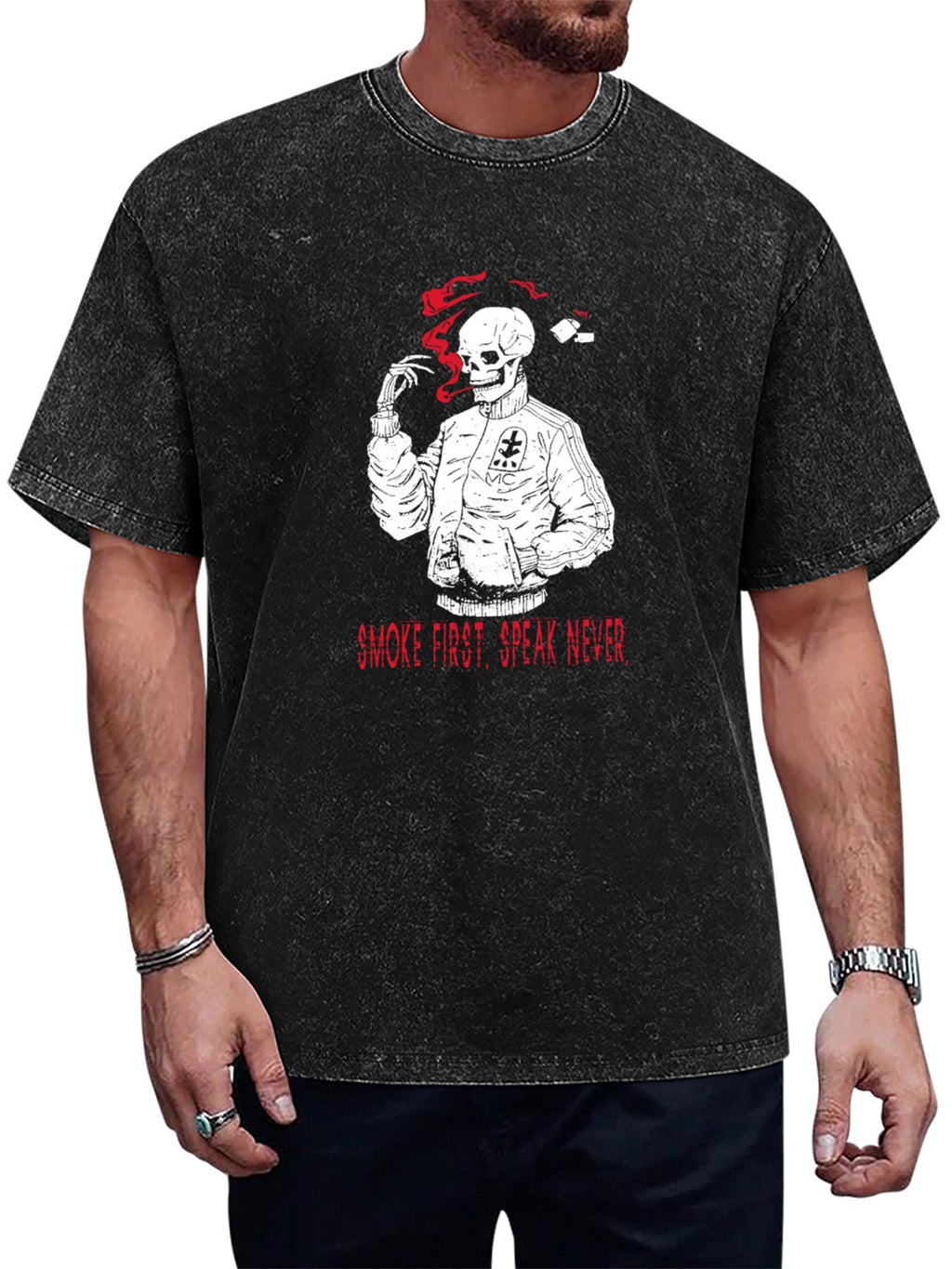Smoke First Speak Never Skull Graphic Washed T-Shirt
