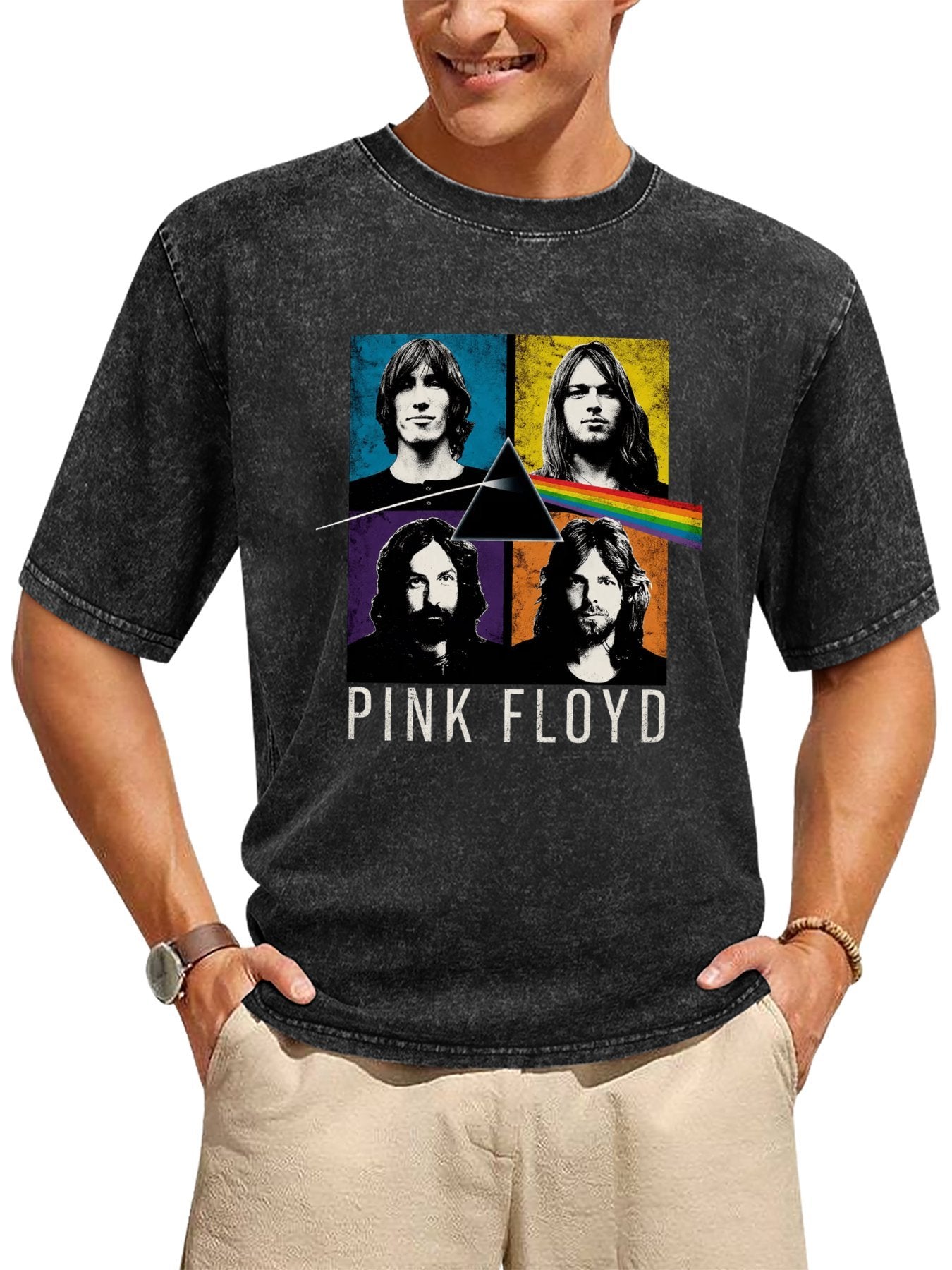 Vintage Washed Pink Floyd Prism Band Portrait Graphic T-Shirt