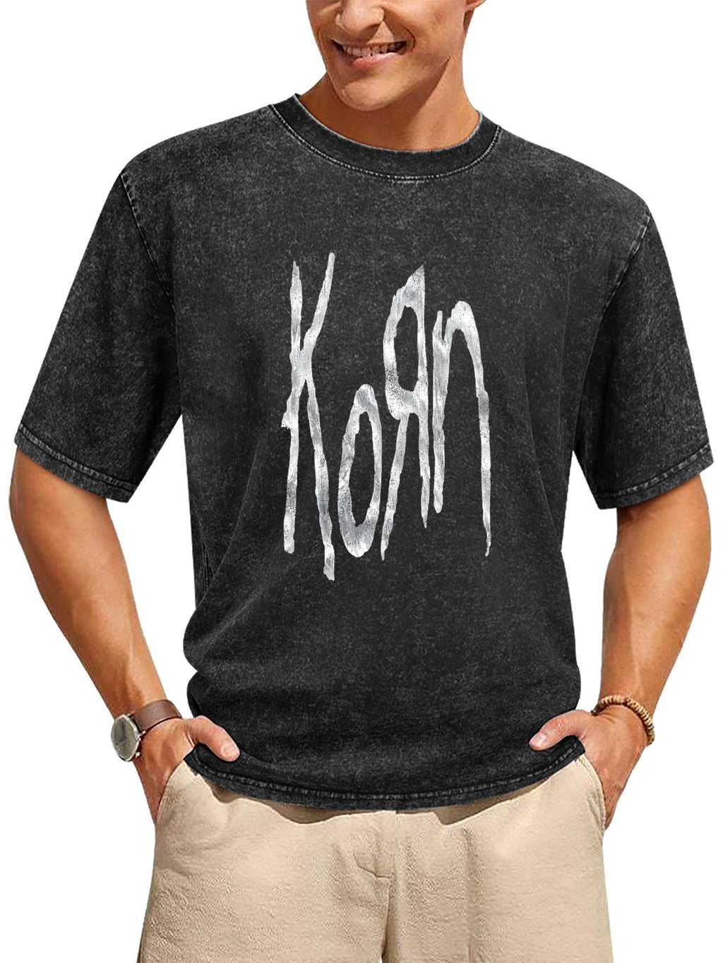 Korn Distressed White Logo Graphic T-Shirt