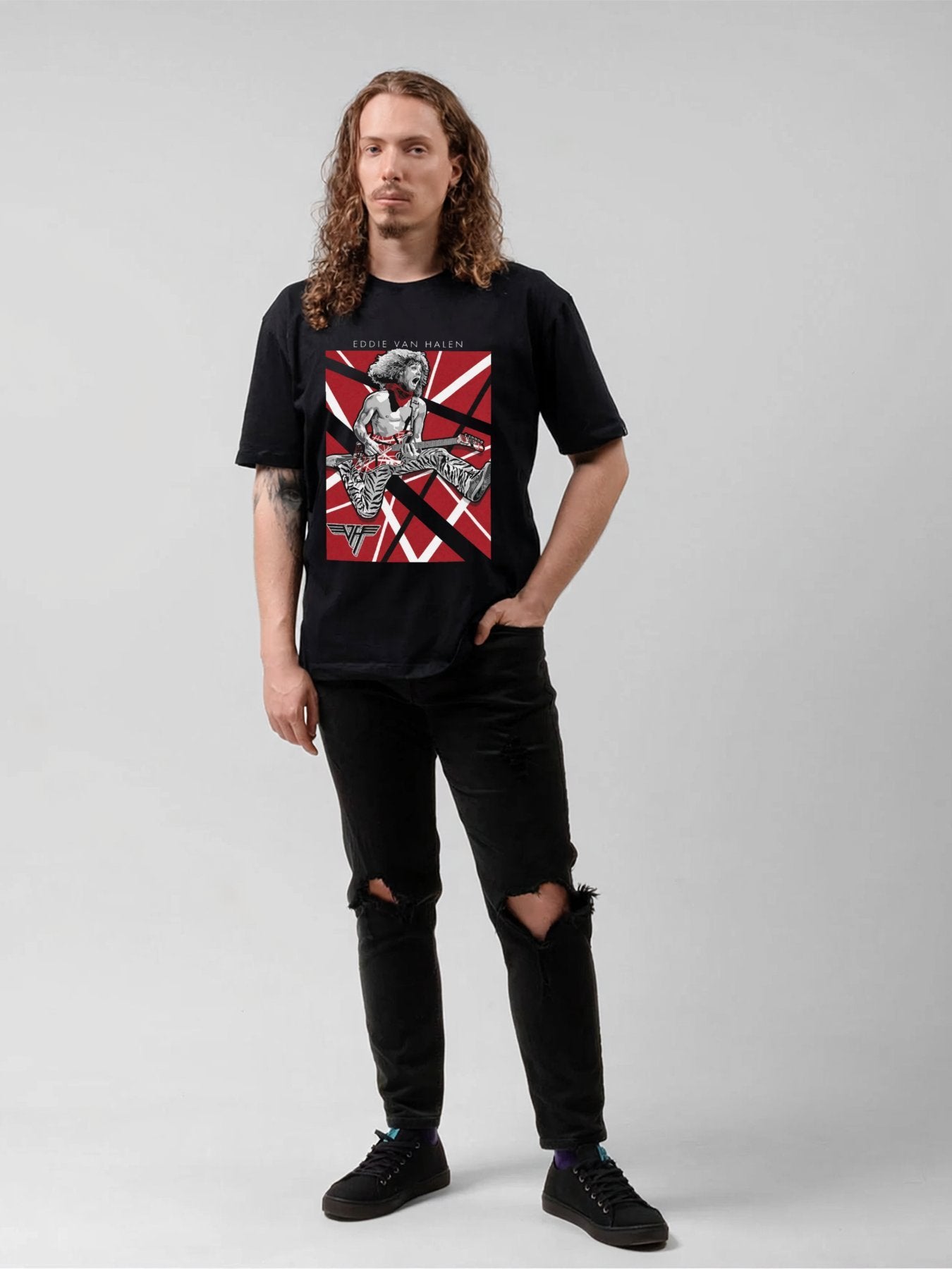Eddie Van Halen Jumping Guitarist Red Stripe T-Shirt