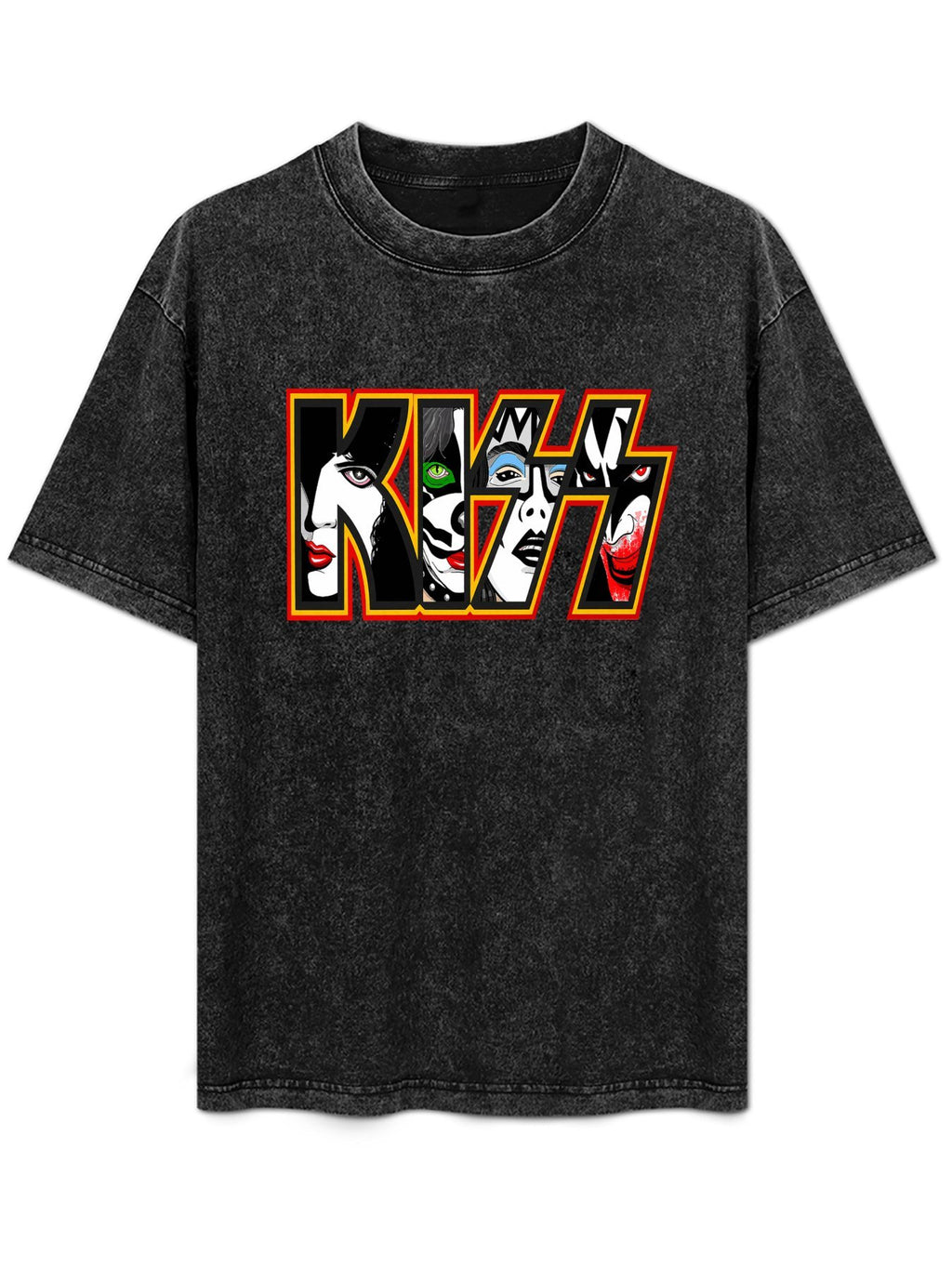 Vintage Washed KISS Band Faces Logo Graphic T-Shirt
