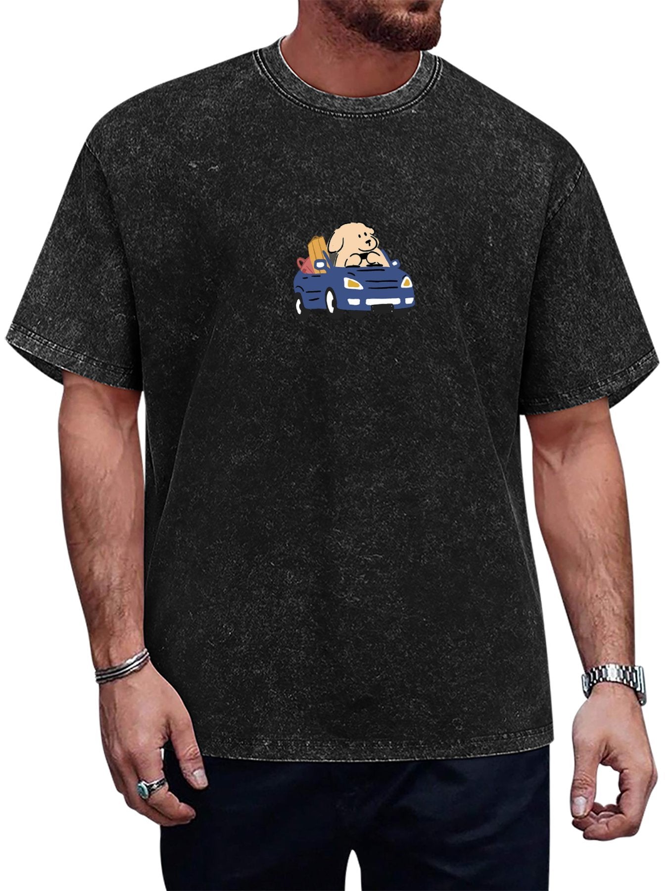 Cartoon Dog Driving Graphic Washed T-Shirt