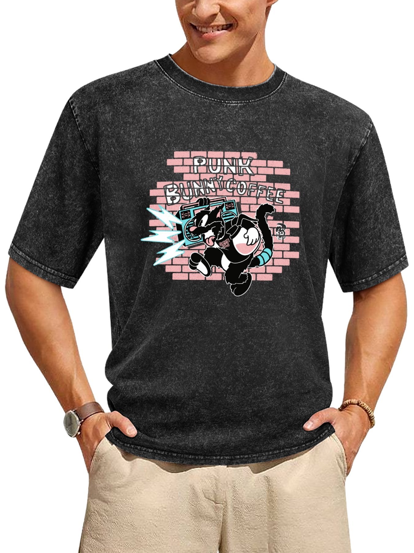 Punk Bunny Coffee Boombox Cartoon Graphic T-Shirt Secondary image