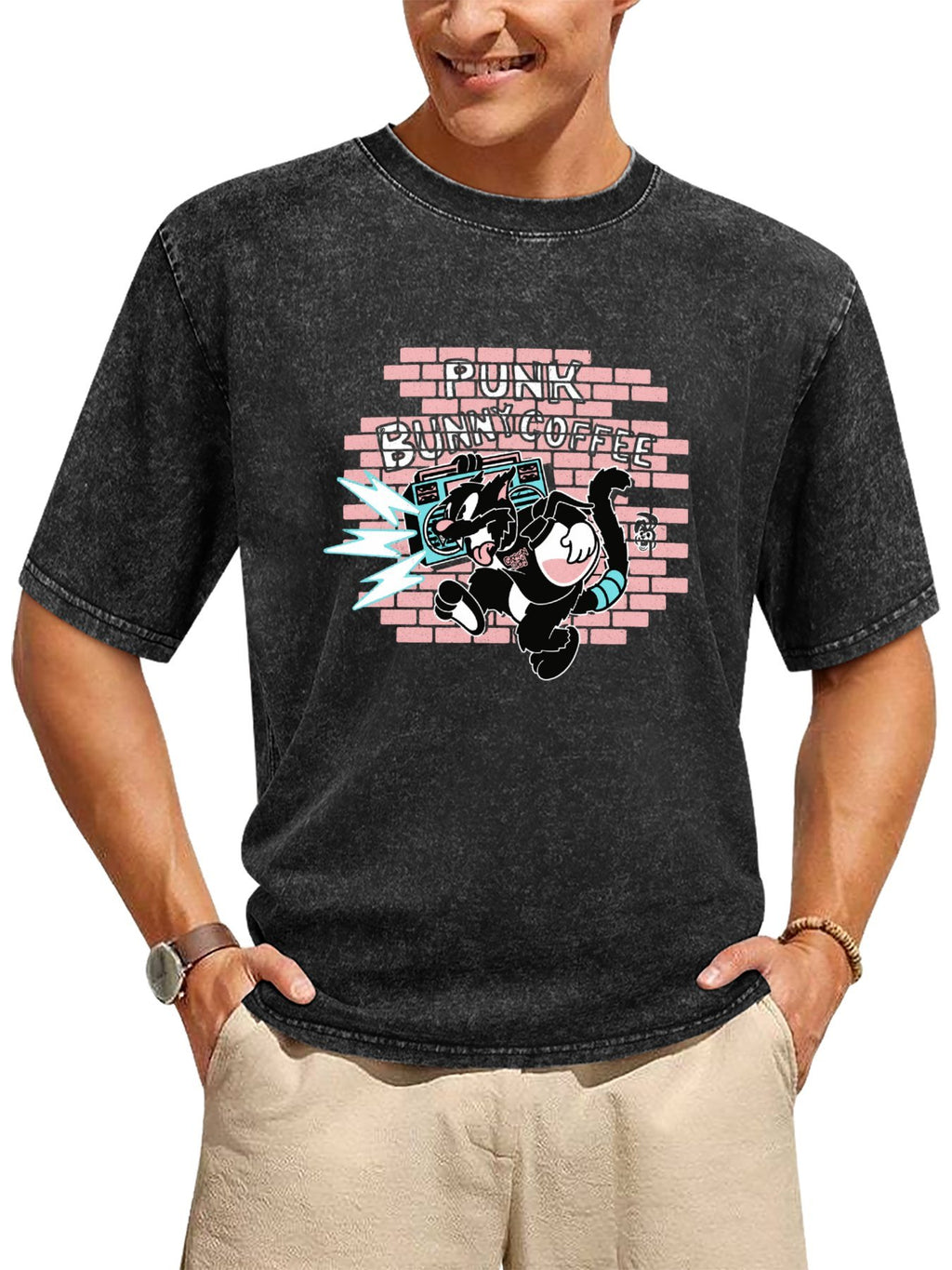 Punk Bunny Coffee Boombox Cartoon Graphic T-Shirt