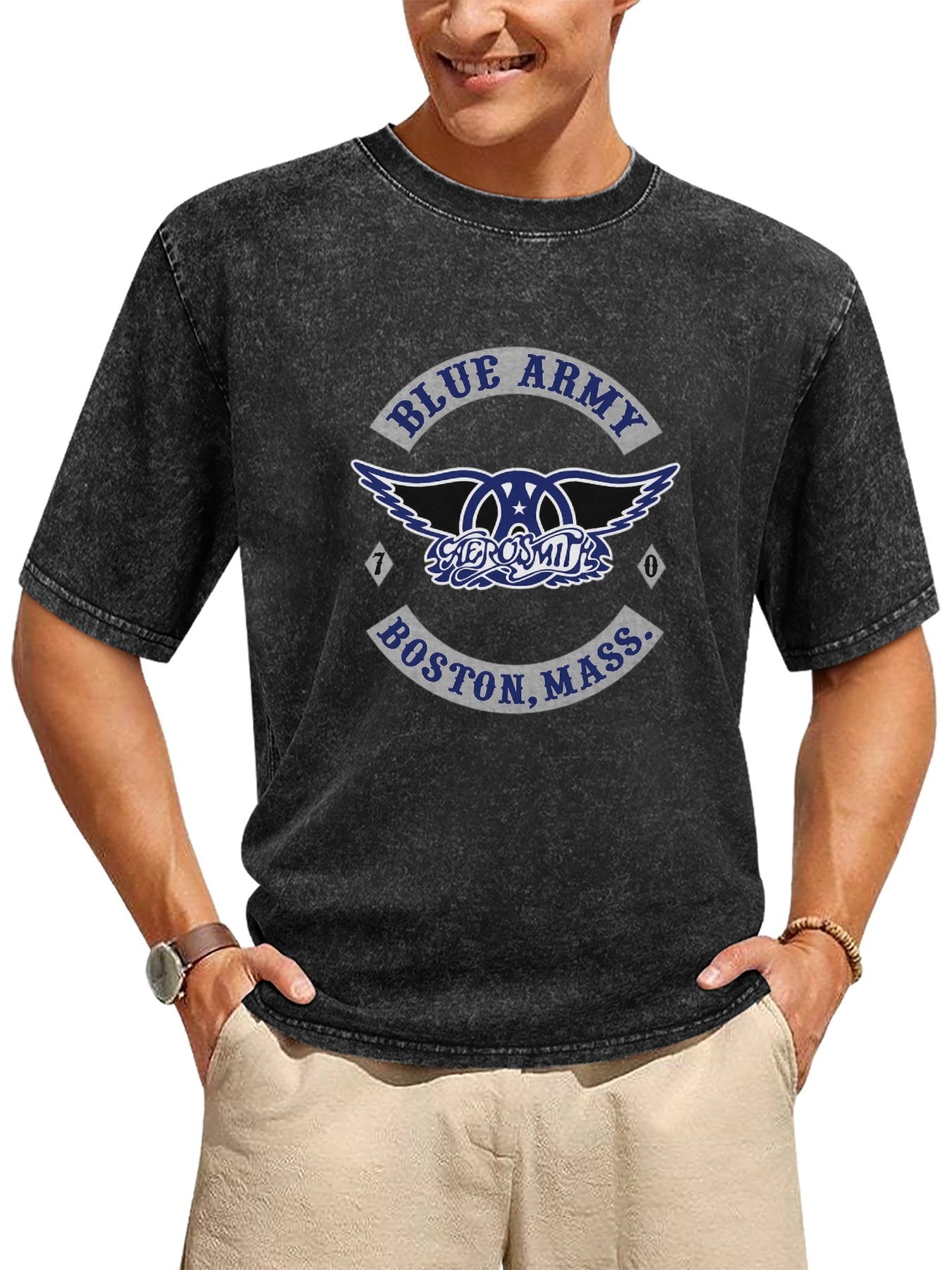 Aerosmith Blue Army Boston 1970 Winged Logo Graphic T-Shirt Secondary image