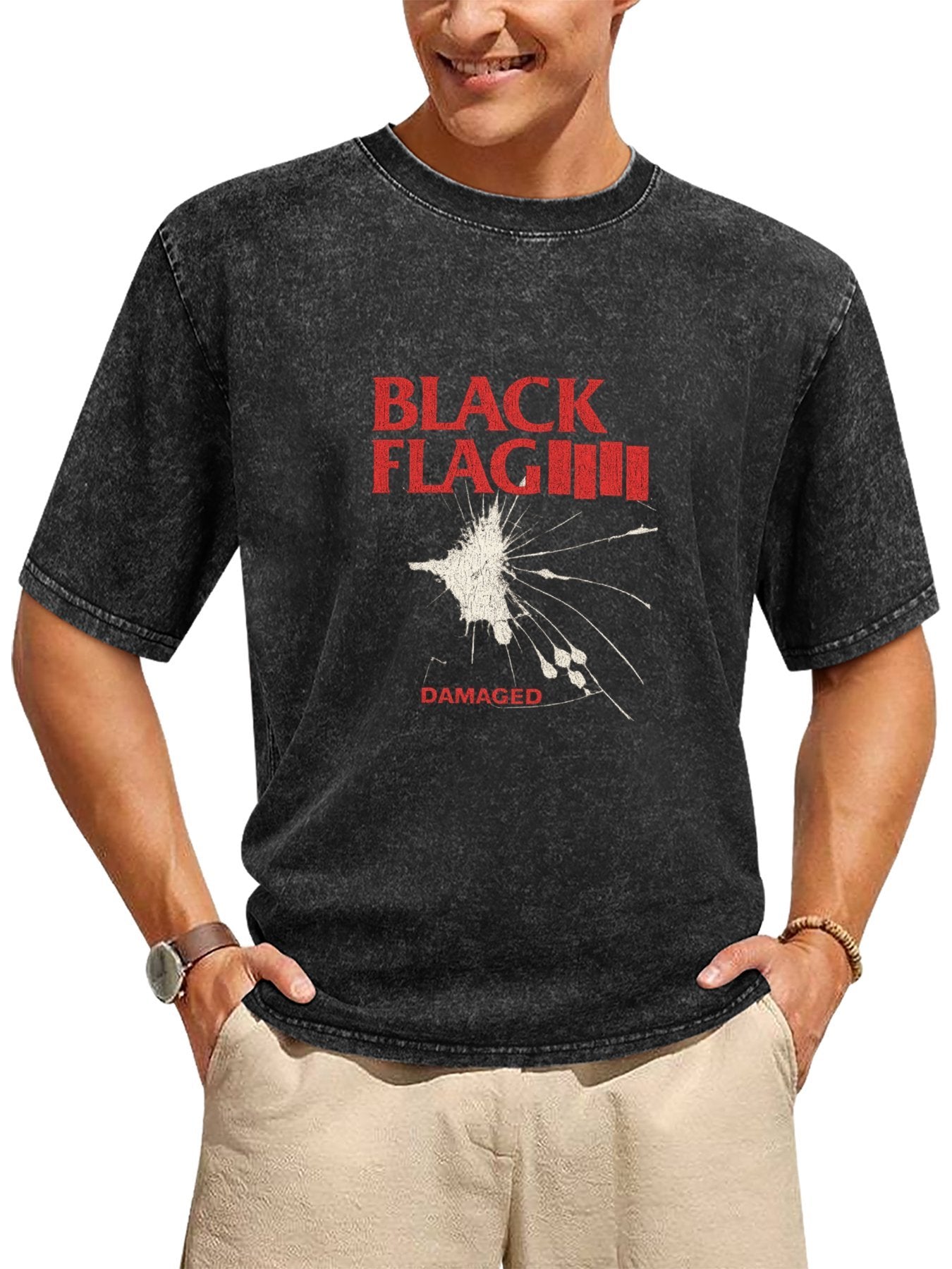 Black Flag Damaged Graphic Washed T-Shirt