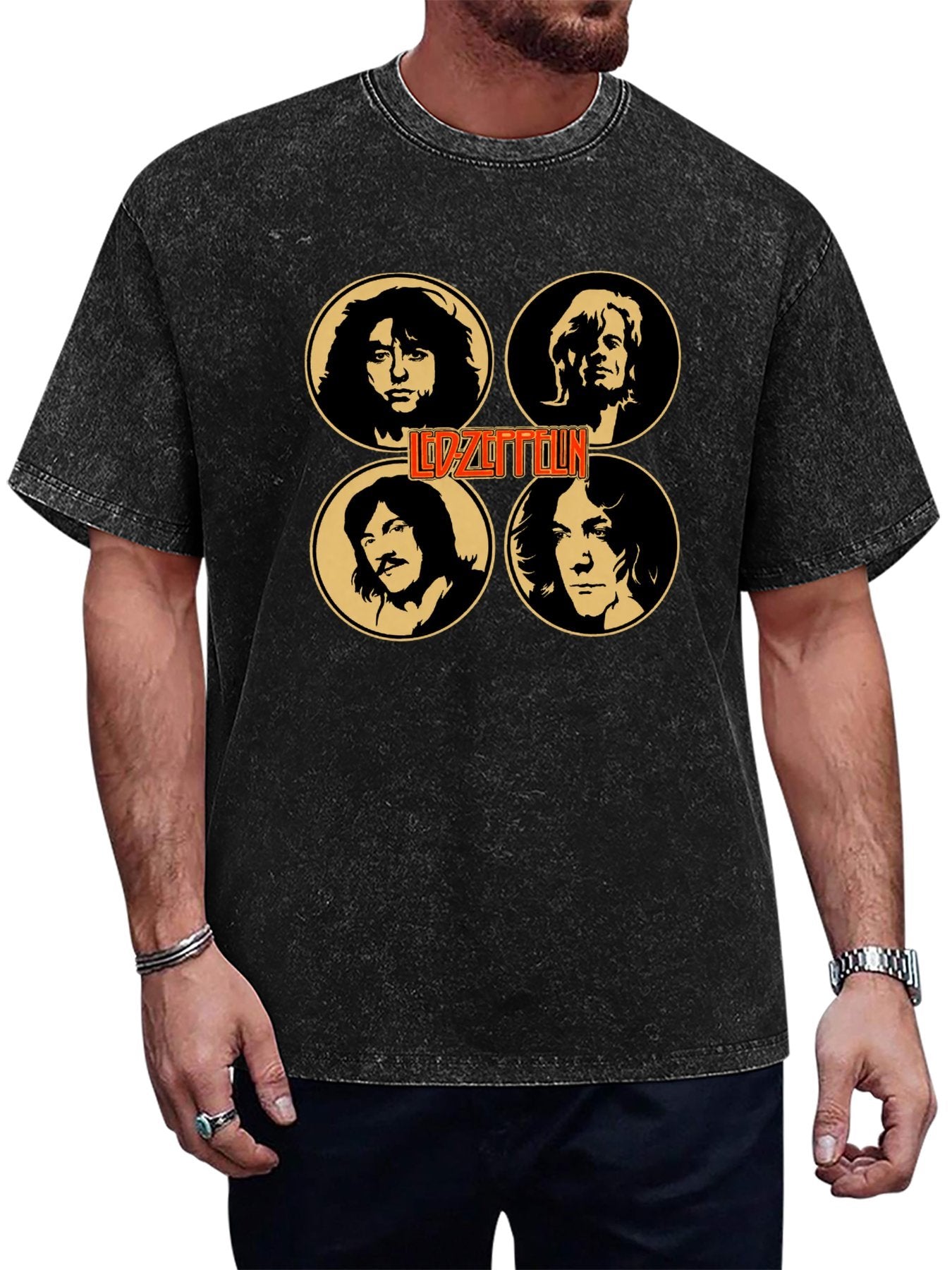 Vintage Washed Led Zeppelin Band Portrait Graphic T-Shirt Main image