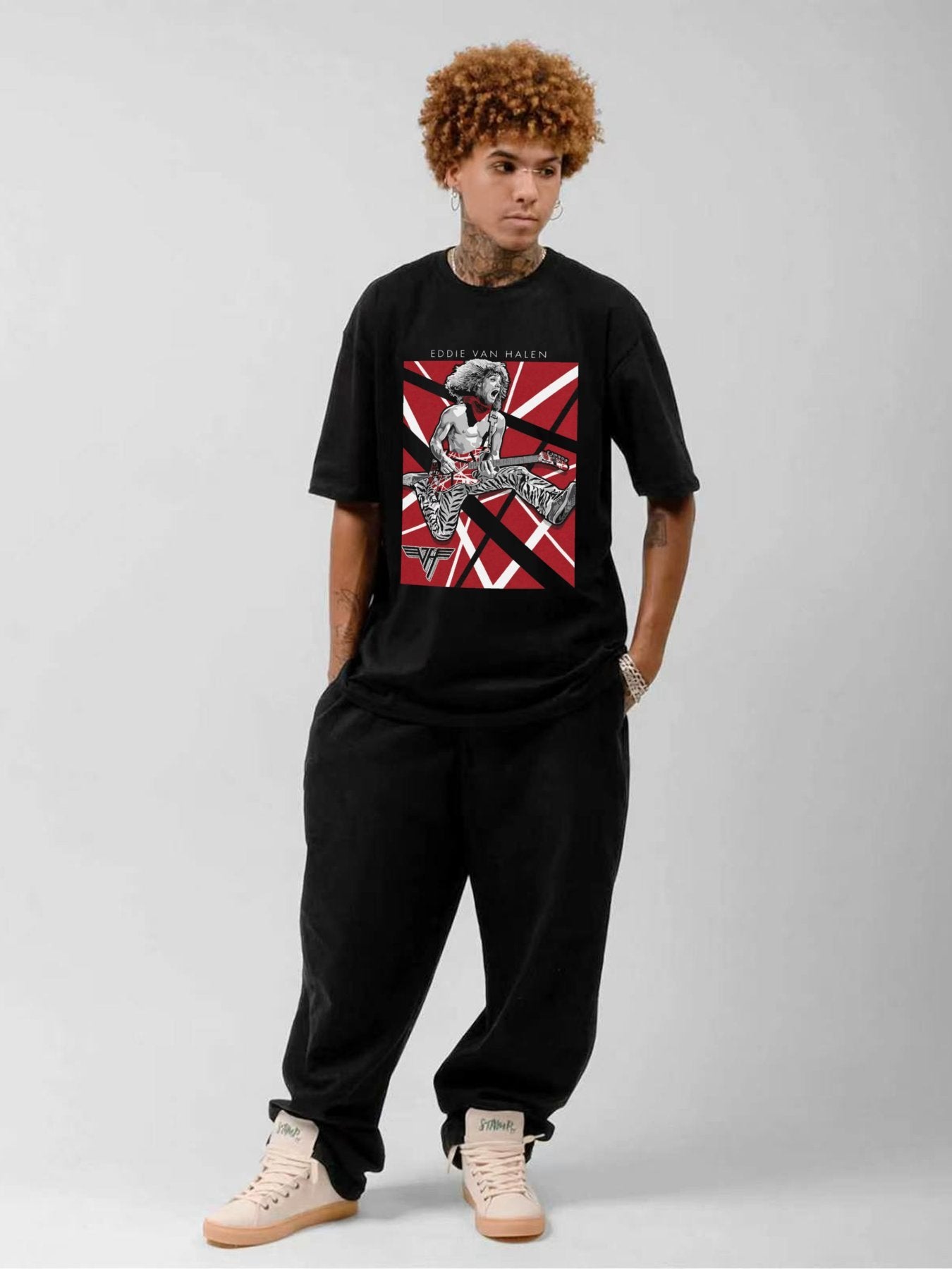 Eddie Van Halen Jumping Guitarist Red Stripe T-Shirt