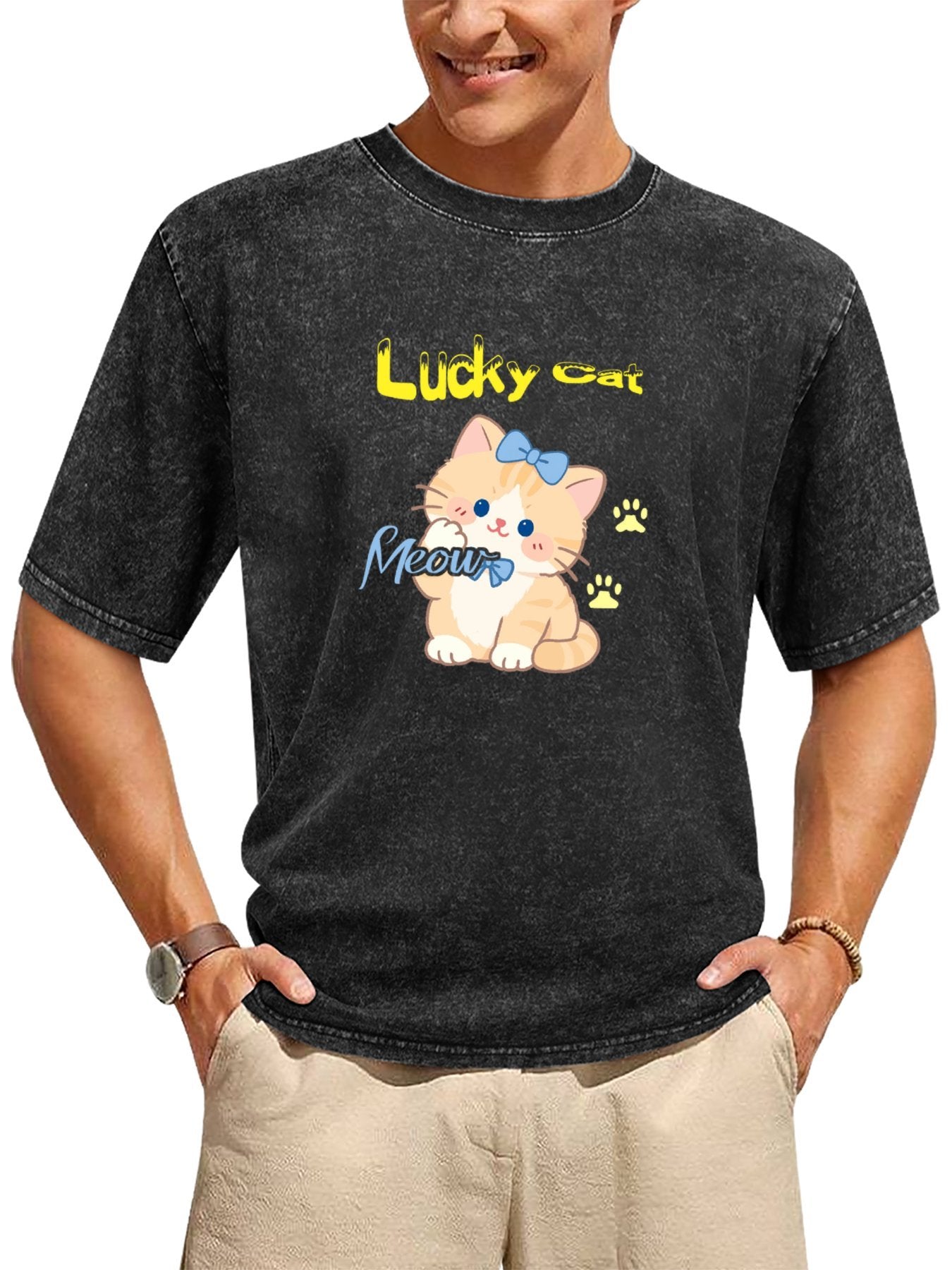 Lucky Cat Cartoon Vintage Washed T-Shirt Secondary image