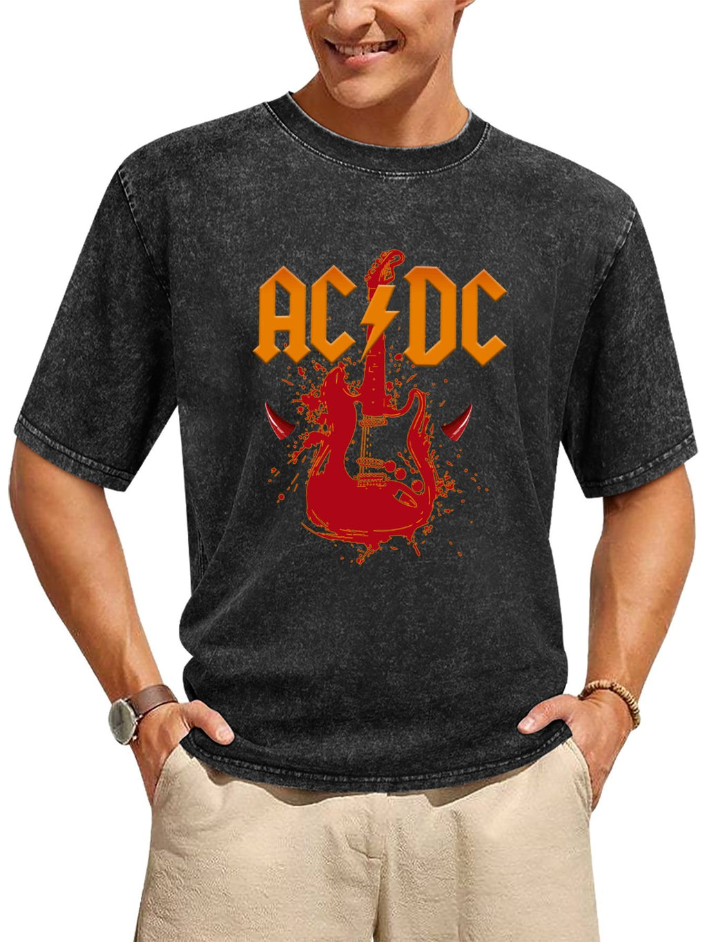Vintage Washed AC/DC Electric Guitar Graphic T-Shirt