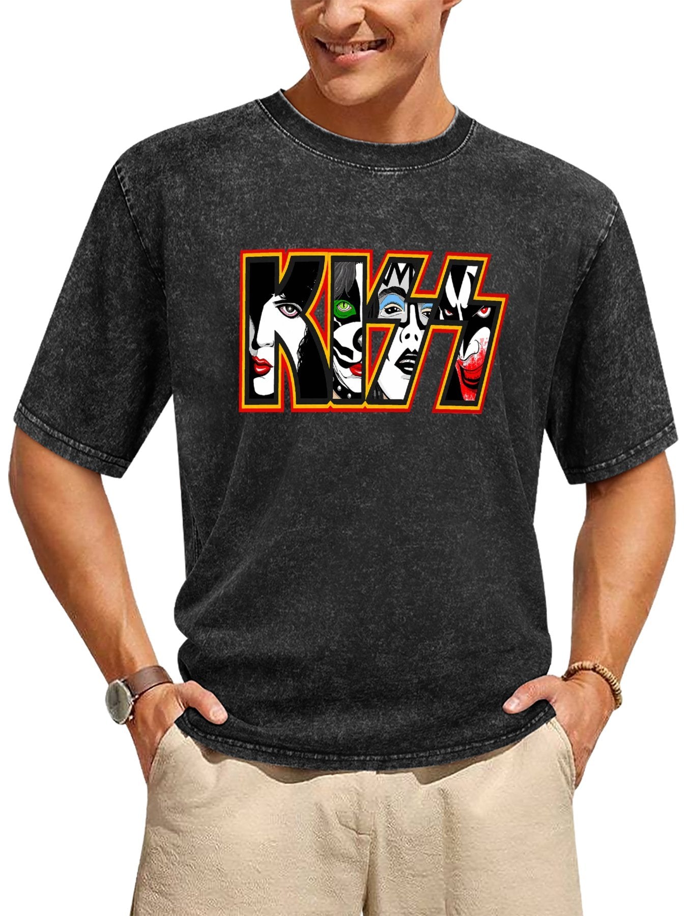 Vintage Washed KISS Band Faces Logo Graphic T-Shirt Secondary image