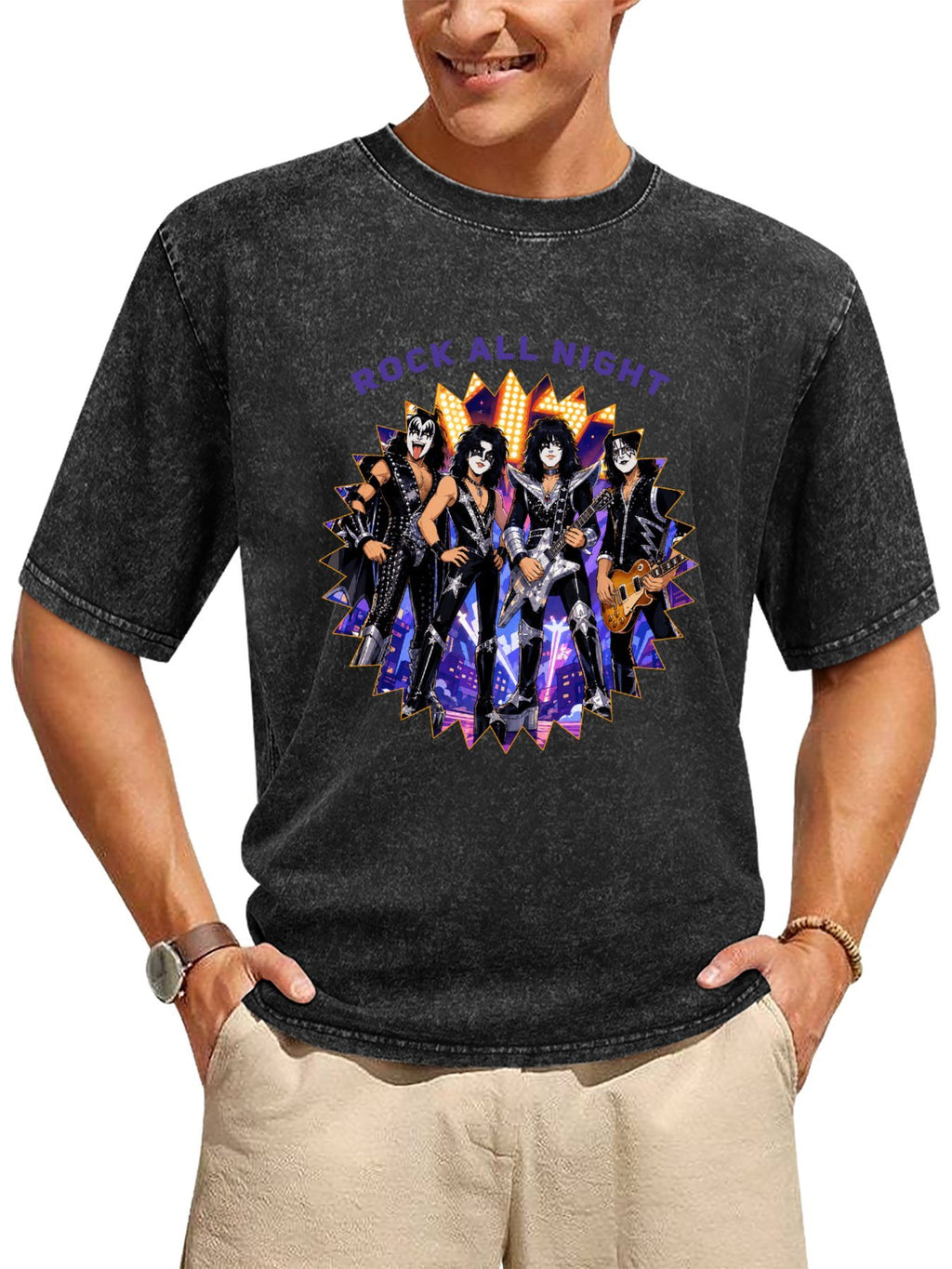 Vintage Washed Rock All Night Band Graphic T-Shirt