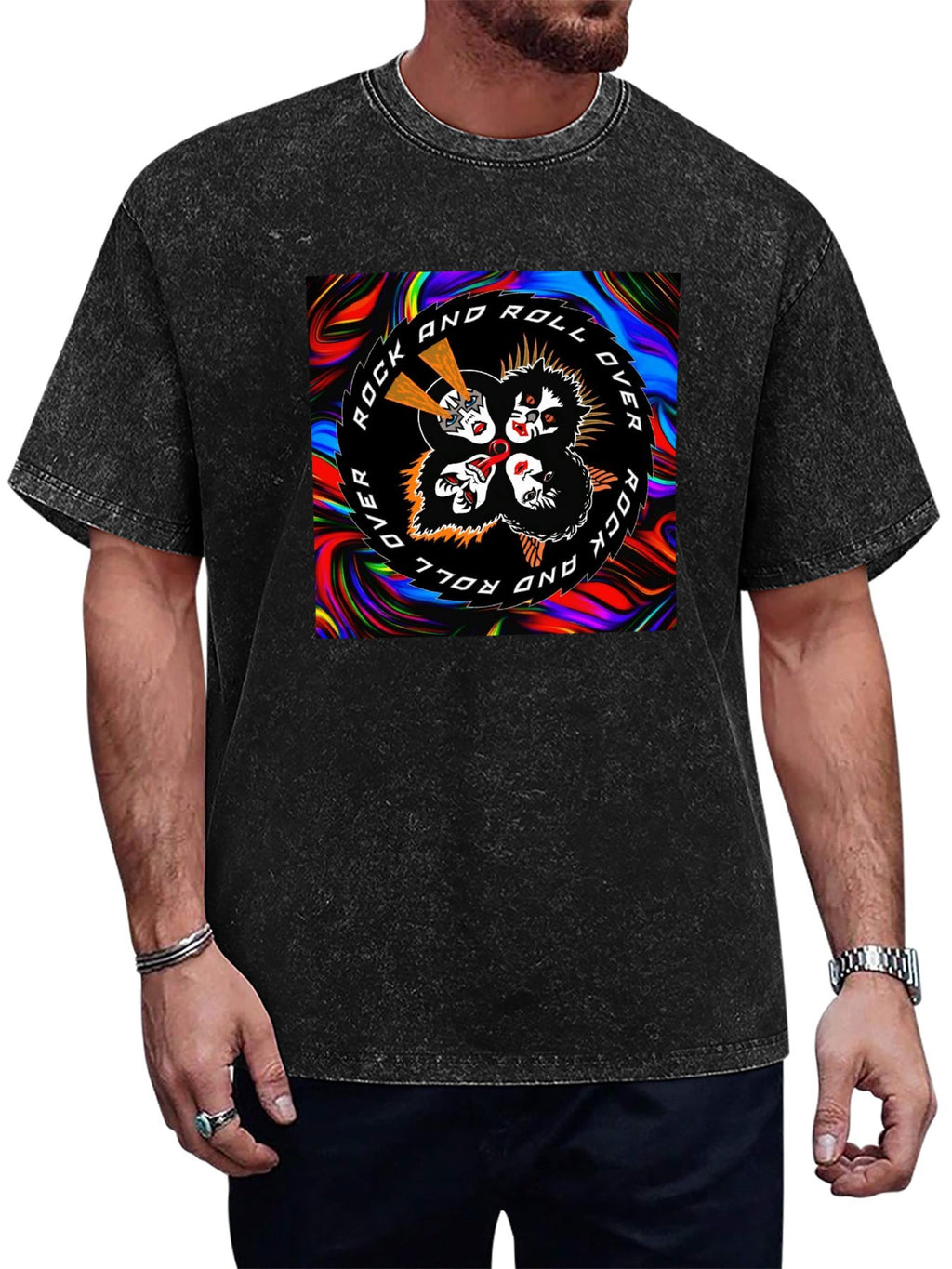 Vintage Washed KISS Rock and Roll Over Psychedelic Graphic T-Shirt