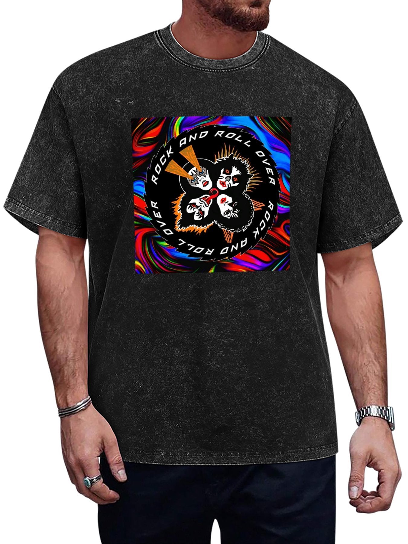 Vintage Washed KISS Rock and Roll Over Psychedelic Graphic T-Shirt