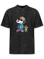 Cool Cartoon Dog Duo Graphic Washed T-Shirt